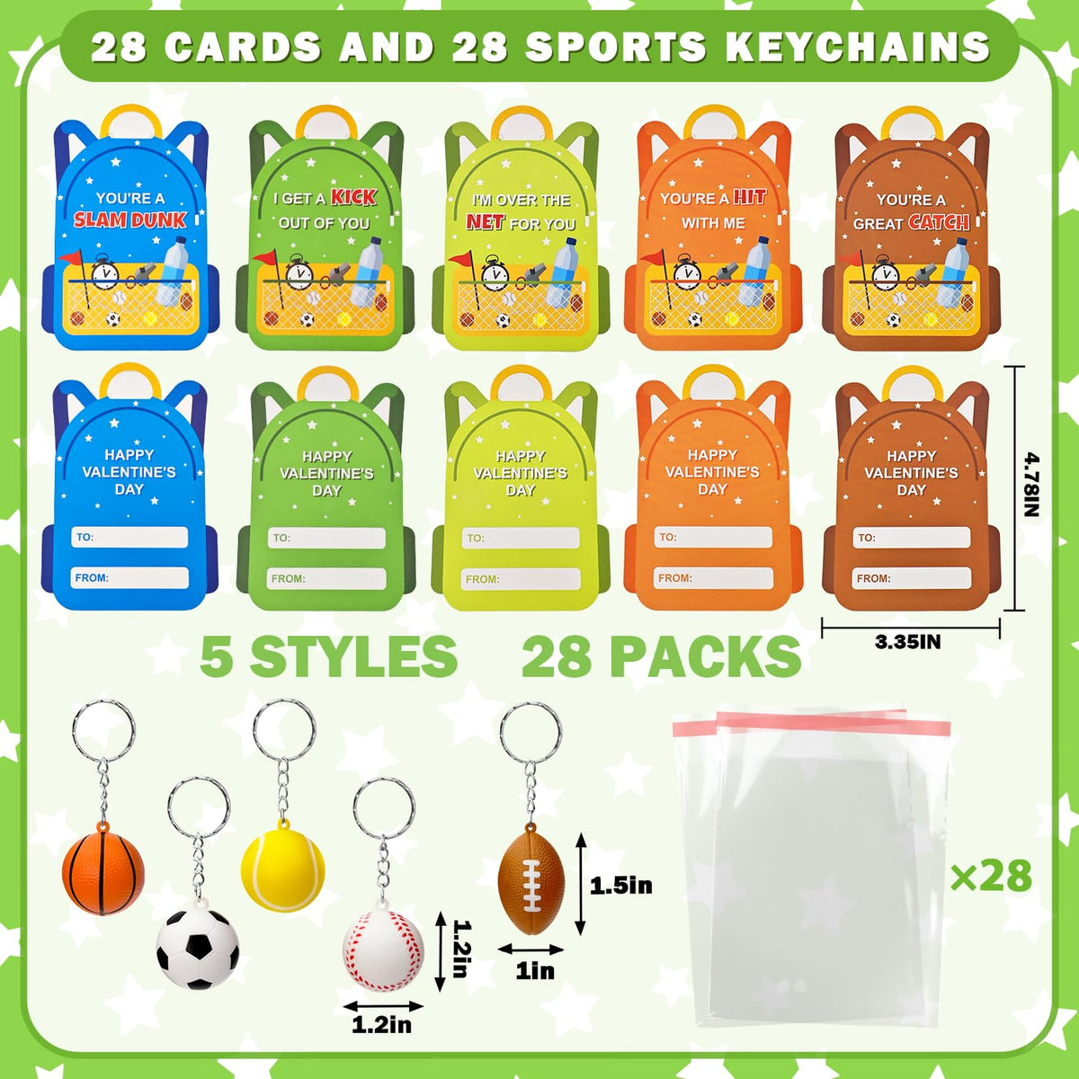 Kannove Valentines Day Cards & 28-Pack Mini Foam Sports Ball Keychains – Classroom Gifts, Party Favors, and Prizes