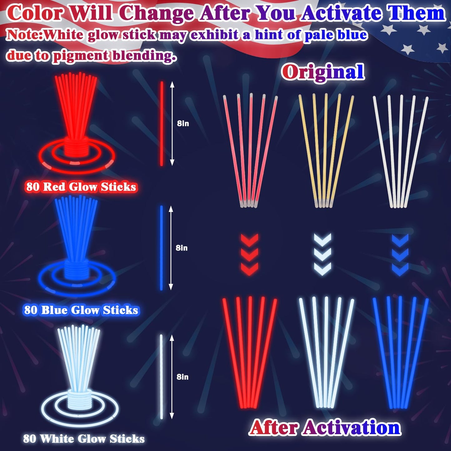 Kannove 240 PCS American Flag Glow Sticks – Red, White & Blue Party Favors