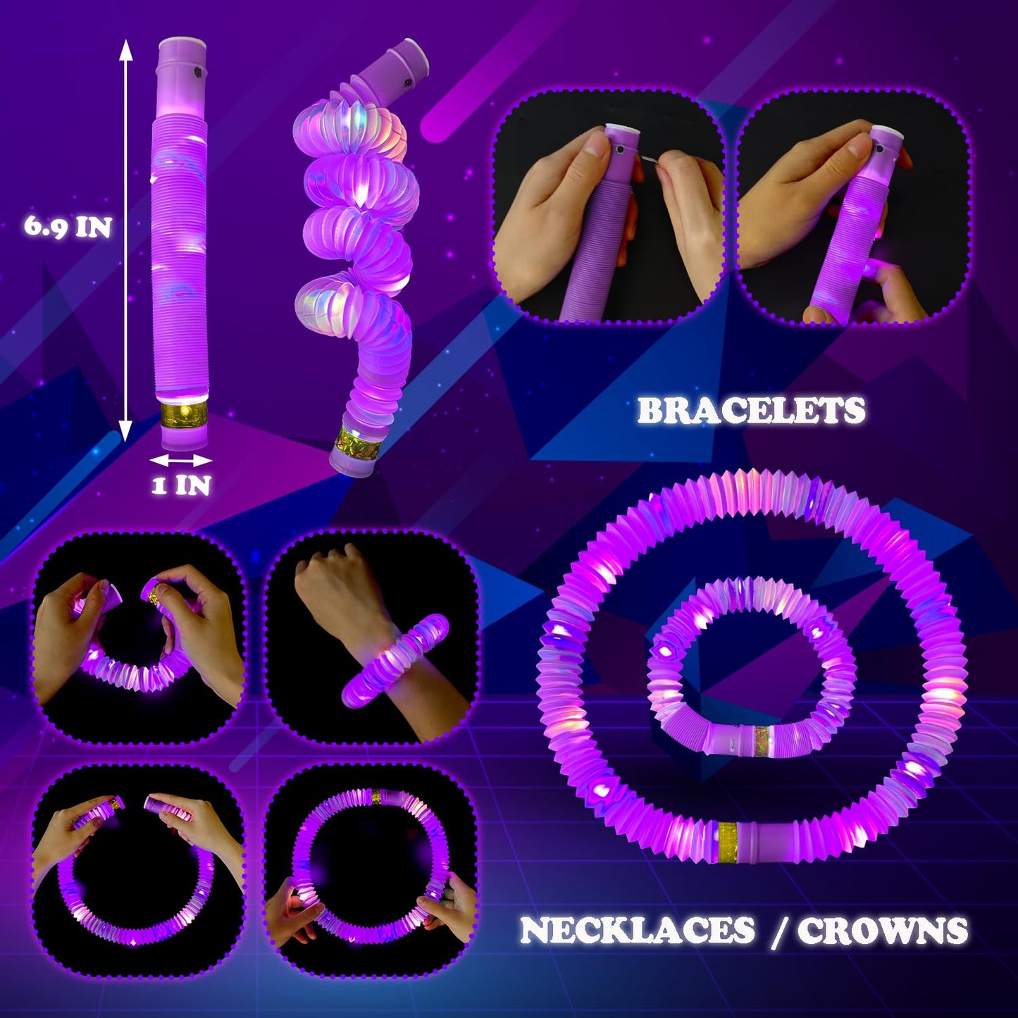 Kannove Purple Glow Sticks Pop Tubes – 24pc Mardi Gras Glow Party Favors, Light-Up Necklaces & Bracelets