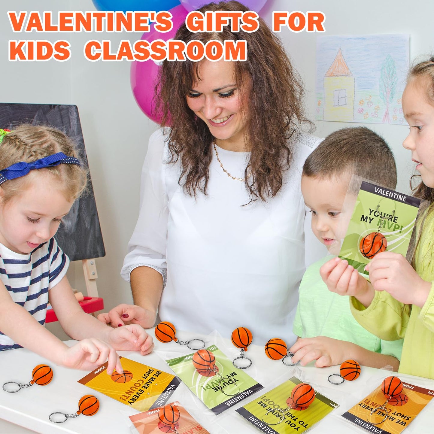 Kannove Basketball Valentines Gift Set — 28 Stress Ball Keychains & Card Set for Classroom