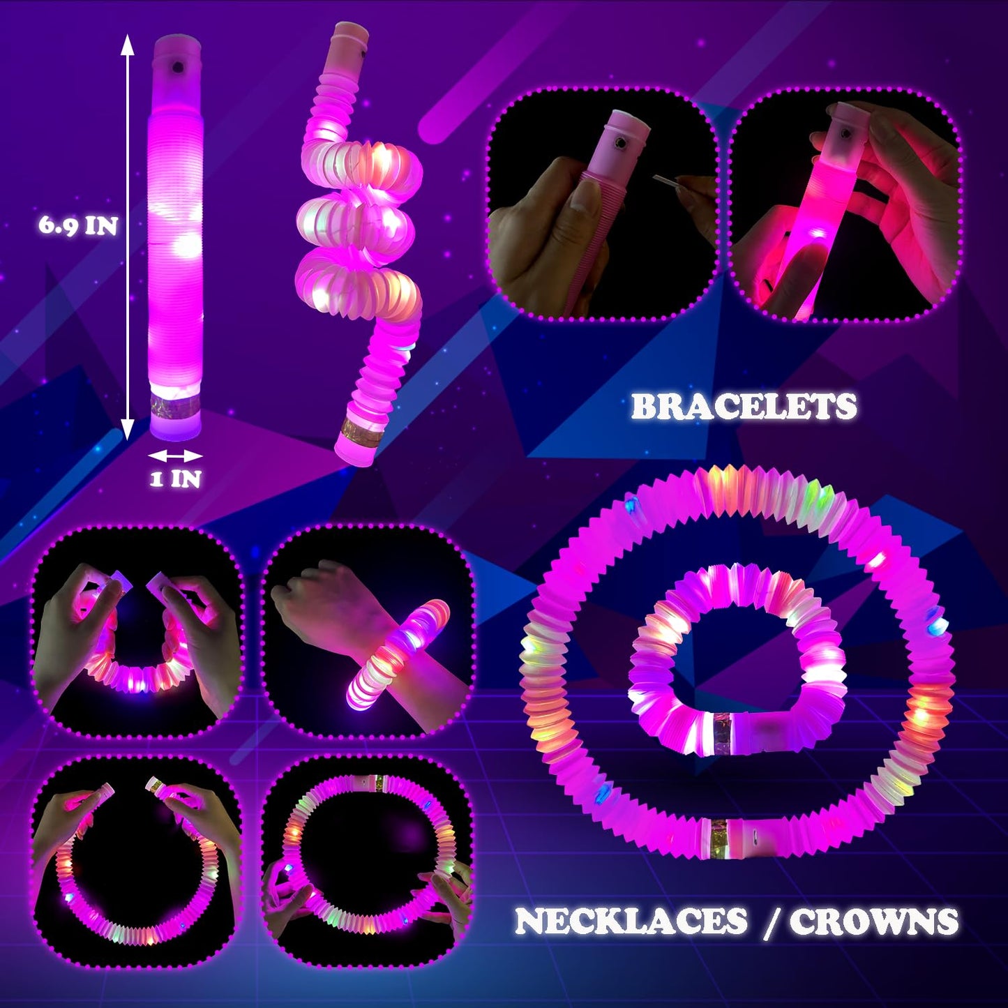 Kannove 24-Piece Pink Glow Sticks Party Favors | LED Light-Up Tubes, Bracelets & Necklaces