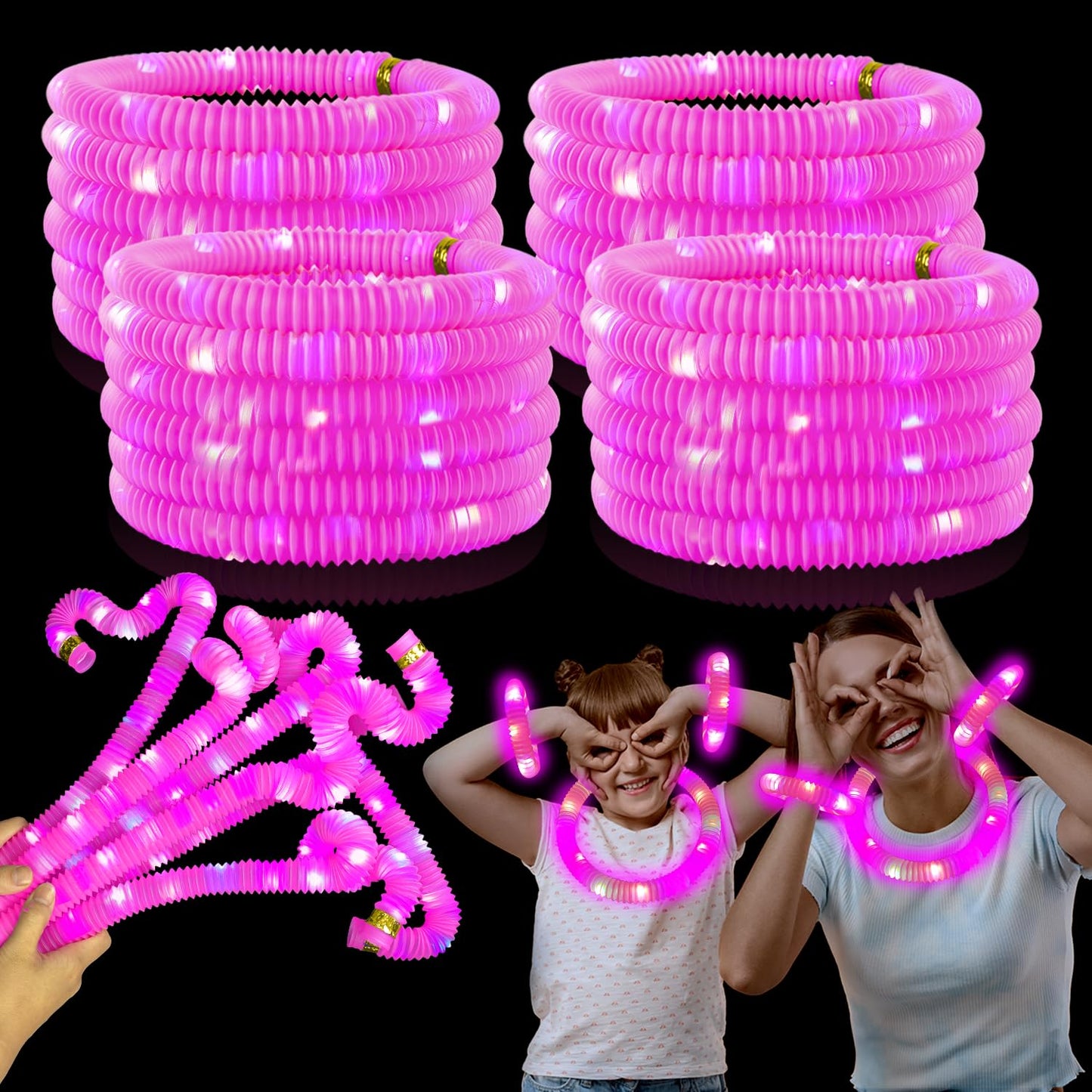 Kannove 24-Piece Pink Glow Sticks Party Favors | LED Light-Up Tubes, Bracelets & Necklaces