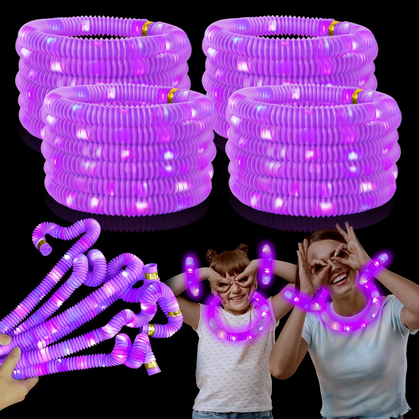 Kannove Purple Glow Sticks Pop Tubes – 24pc Mardi Gras Glow Party Favors, Light-Up Necklaces & Bracelets