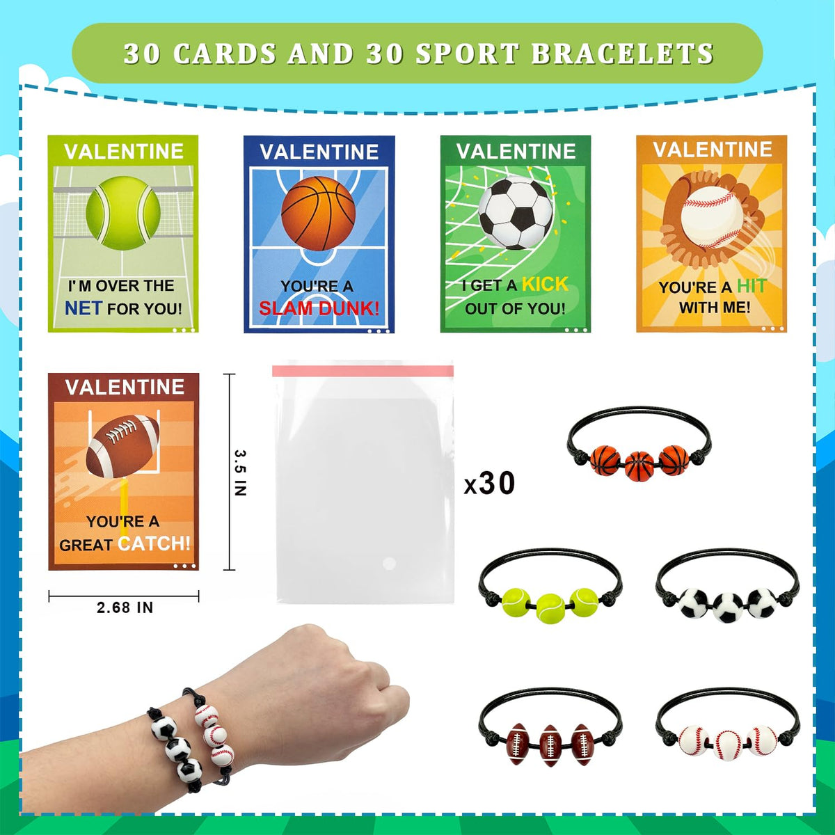 Kannove 30-Pack Sports Bracelets with Cards – Valentines Day Gifts for Kids (Adjustable)