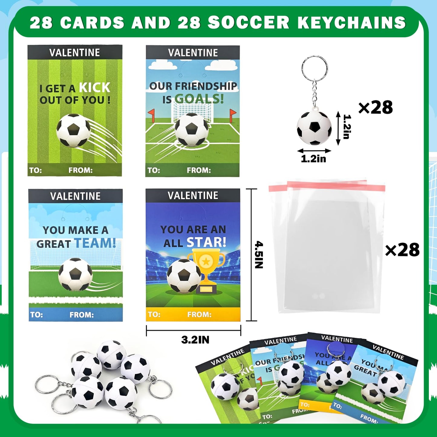 Kannove Soccer Valentines Gift Cards with Stress Ball Keychains – 28 Pack for Classroom
