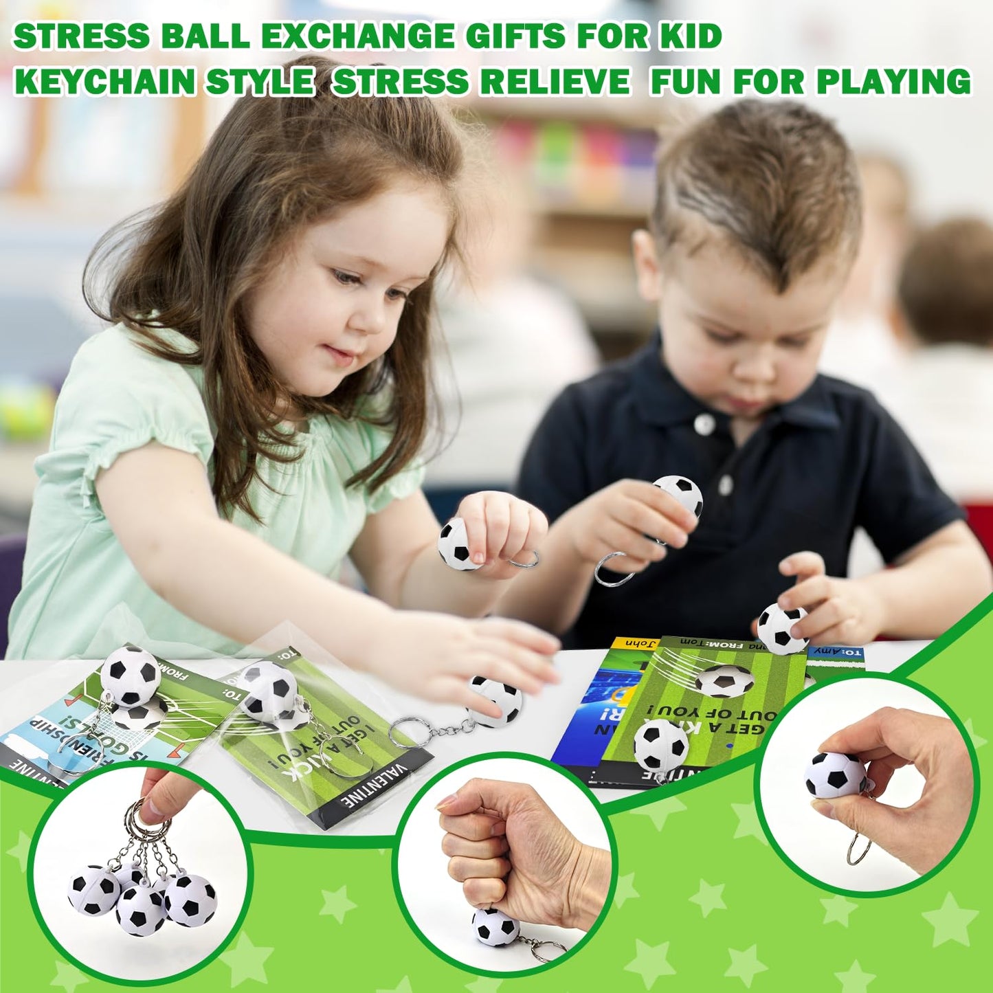 Kannove Soccer Valentines Gift Cards with Stress Ball Keychains – 28 Pack for Classroom