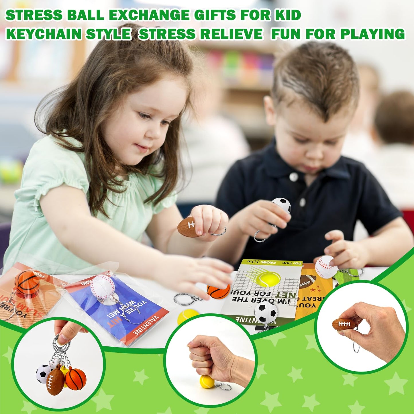 Kannove Sport Stress Ball Valentines Day Gifts – 28 Pack Mini Keychains & Cards for Classrooms