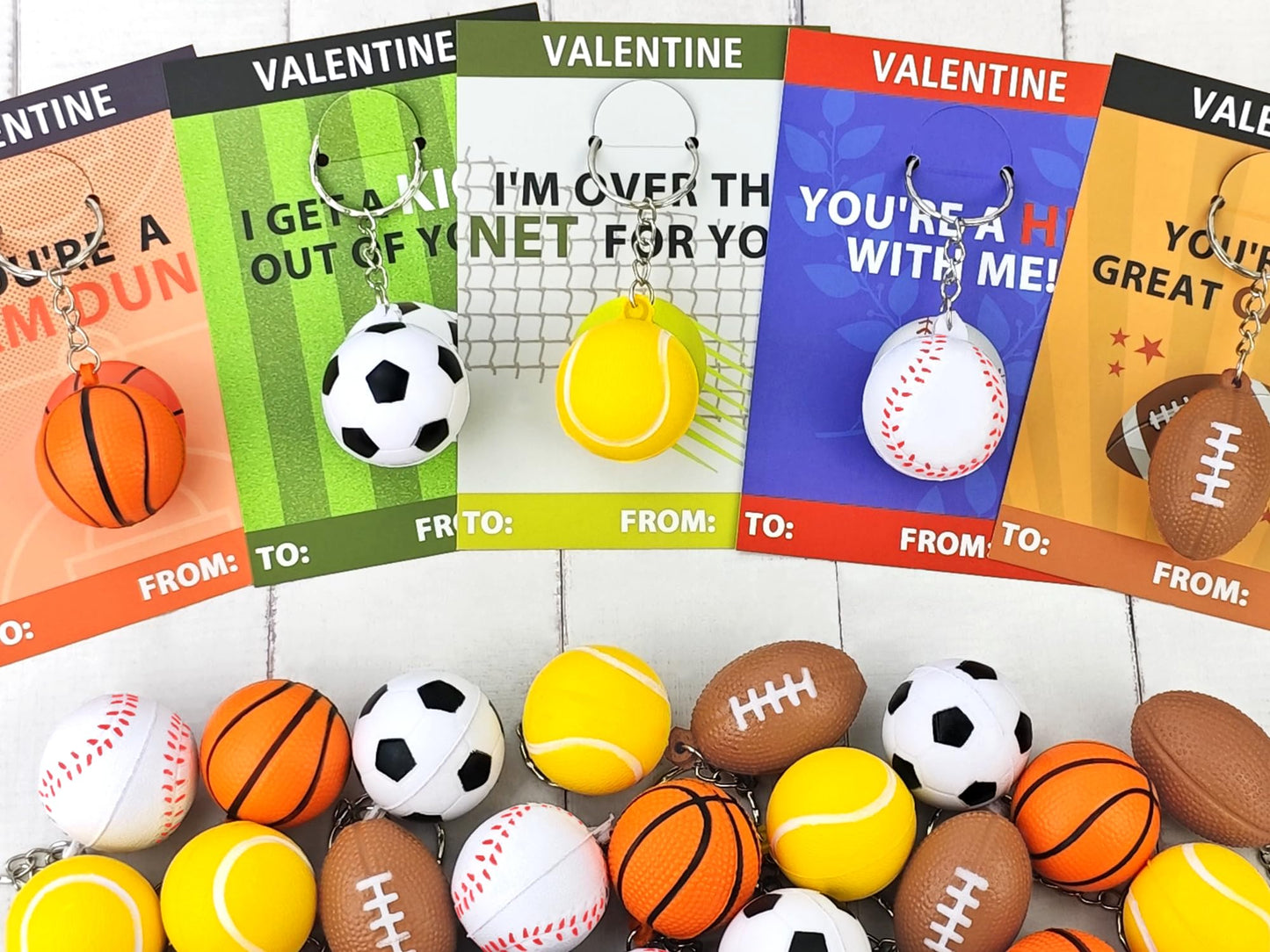 Kannove Sport Stress Ball Valentines Day Gifts – 28 Pack Mini Keychains & Cards for Classrooms