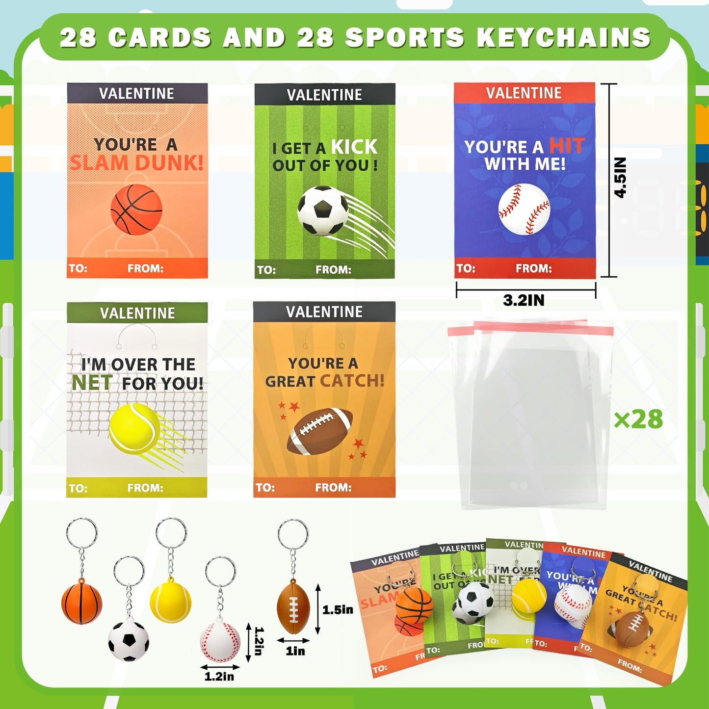 Kannove Sport Stress Ball Valentines Day Gifts – 28 Pack Mini Keychains & Cards for Classrooms