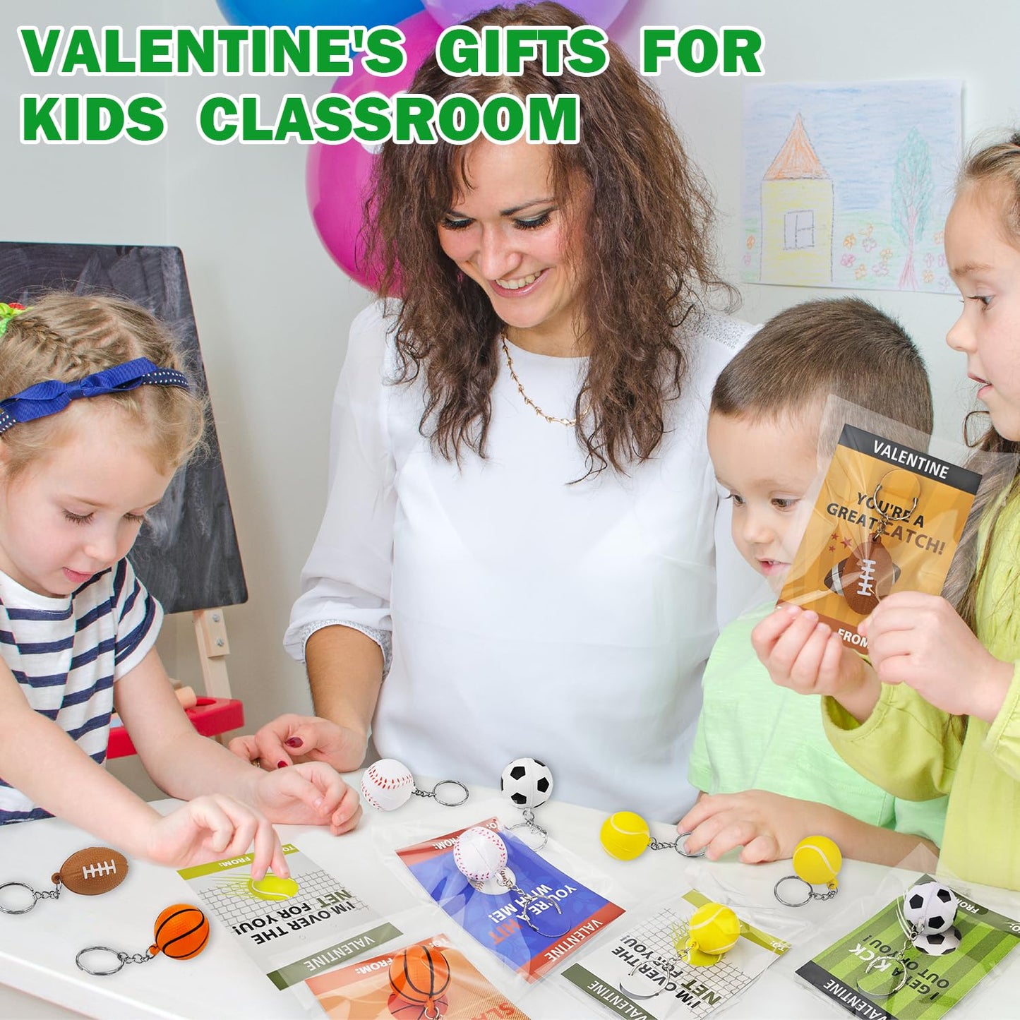 Kannove Sport Stress Ball Valentines Day Gifts – 28 Pack Mini Keychains & Cards for Classrooms