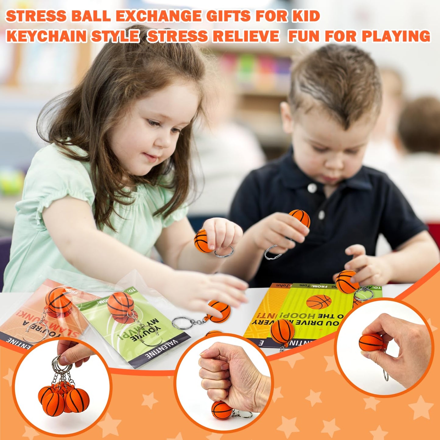 Kannove Basketball Valentines Gift Set — 28 Stress Ball Keychains & Card Set for Classroom