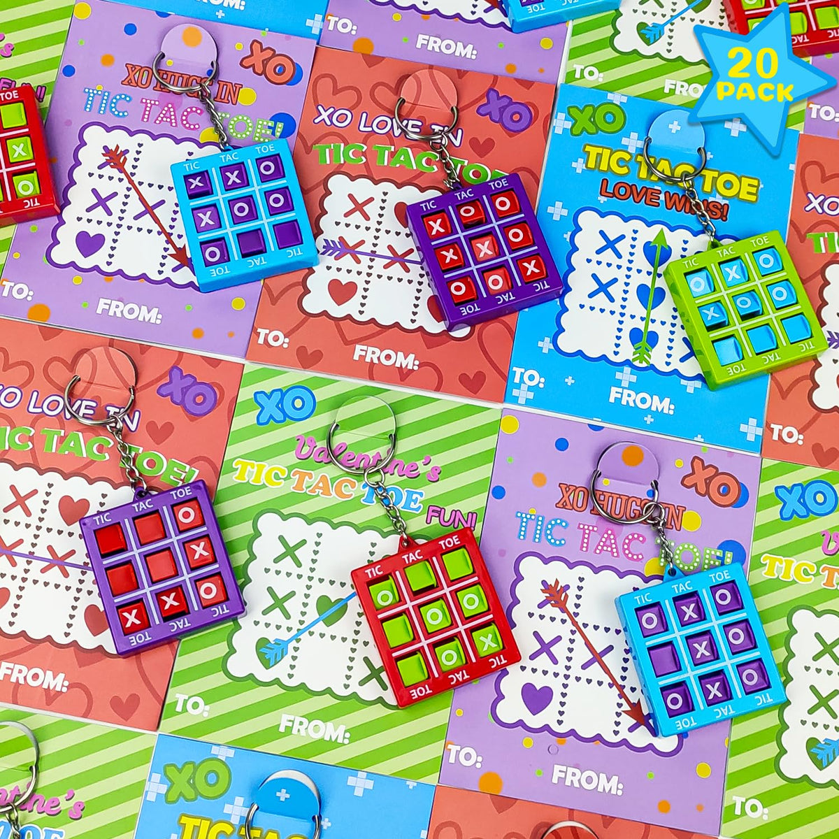 Kannove Tic Tac Toe Valentines Day Gift Pack – 20 Non-Candy Classroom Keychains with Cards