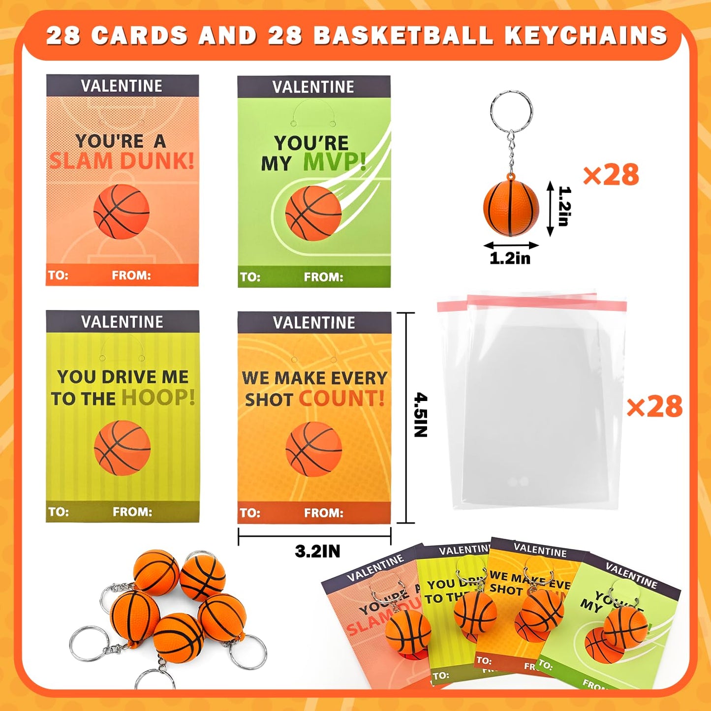 Kannove Basketball Valentines Gift Set — 28 Stress Ball Keychains & Card Set for Classroom