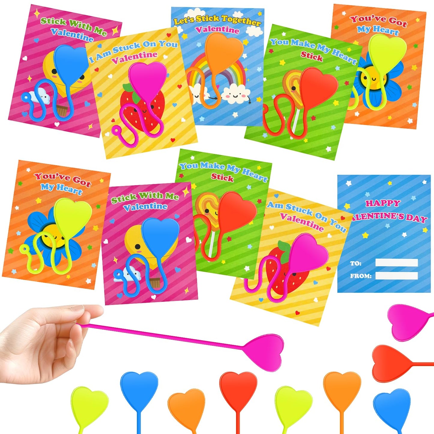 Kannove Valentine Sticky Hands with Cards – 20 Pack Non-Candy Classroom Favors