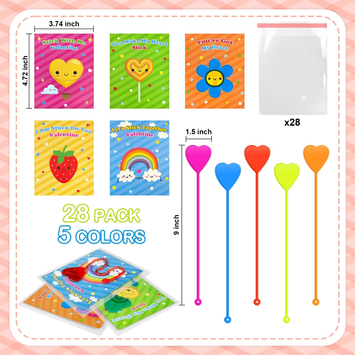 Kannove Valentines Day Cards with Hearts Sticky Hands – 28-Pack Classroom Exchange & Non-Candy Party Favors