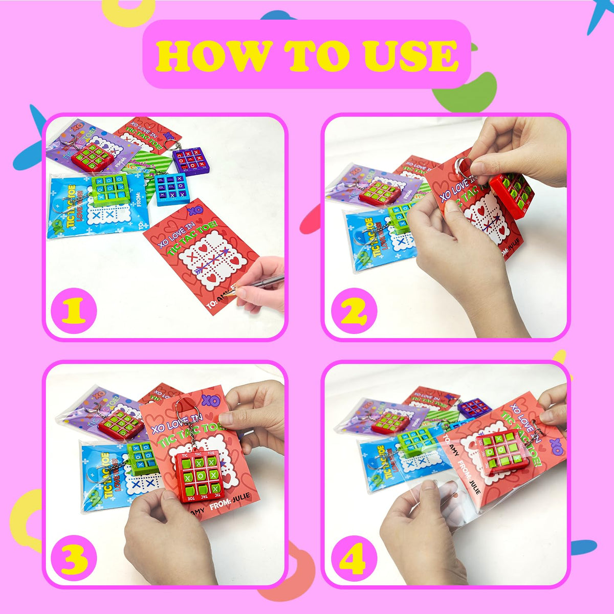 Kannove Tic Tac Toe Valentines Day Gift Pack – 20 Non-Candy Classroom Keychains with Cards