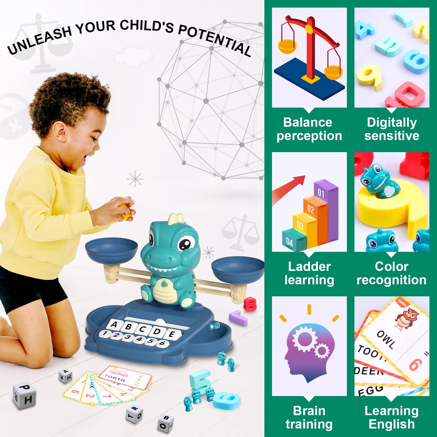 Kaodezhu Dinosaur Math Balance Toy – Montessori STEM for 3-7 Year Olds