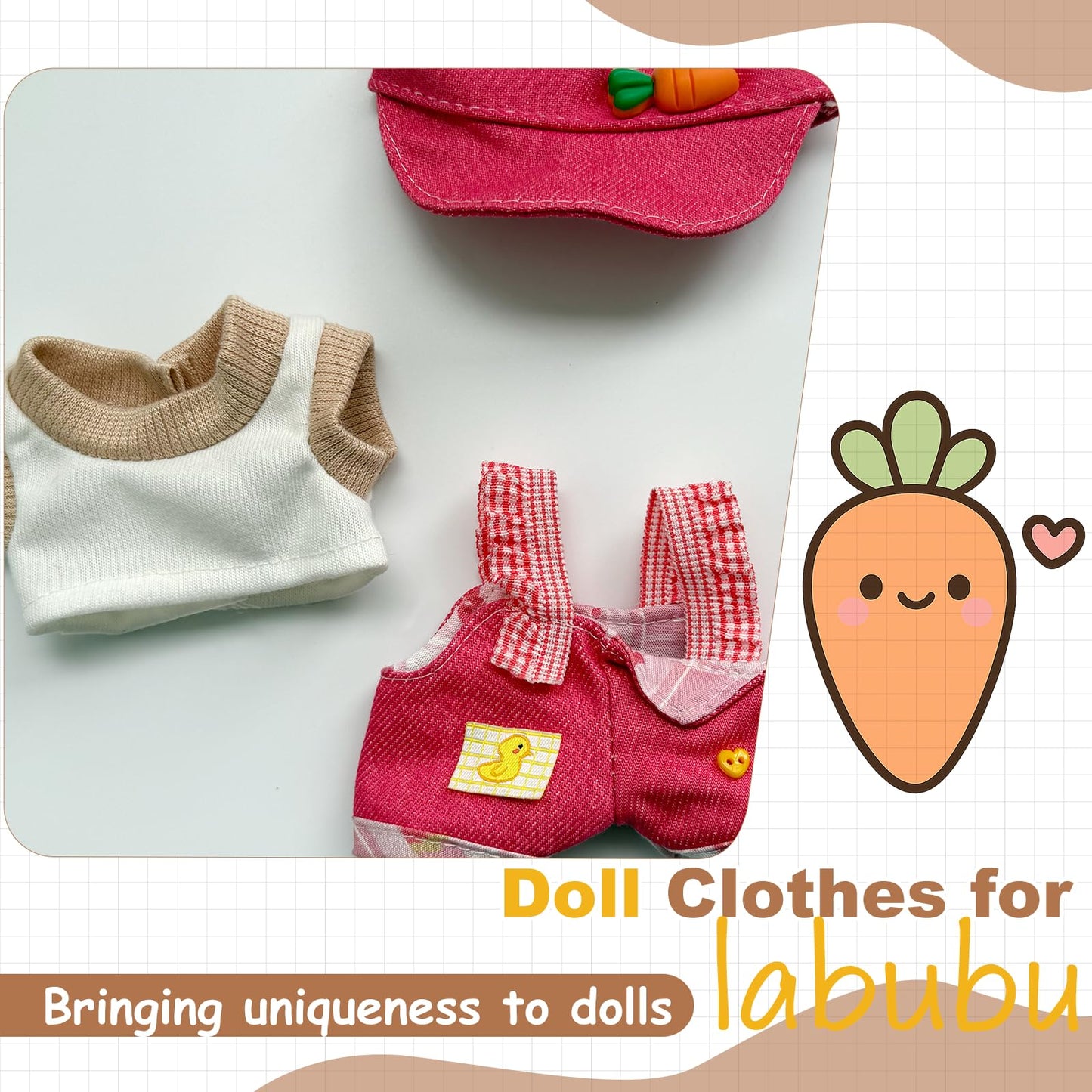 KAPAND Labubu Doll Outfit Set — 17cm Doll Clothes with Carrot Hat & Duck Jumpsuit