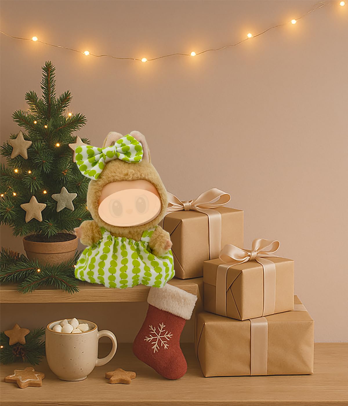 KAPAND for Lububu 17cm Doll Clothes Set – Green Polka Dot Bow & Dress, Cute Summer Outfit (No Doll)