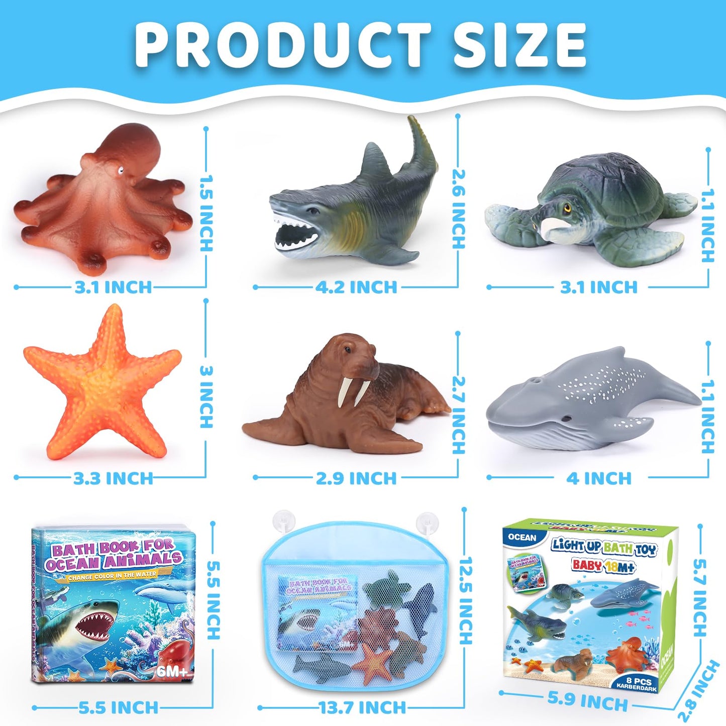 KarberDark 6 Pack Light Up Bath Toys with Magic Bath Book & Storage Bag