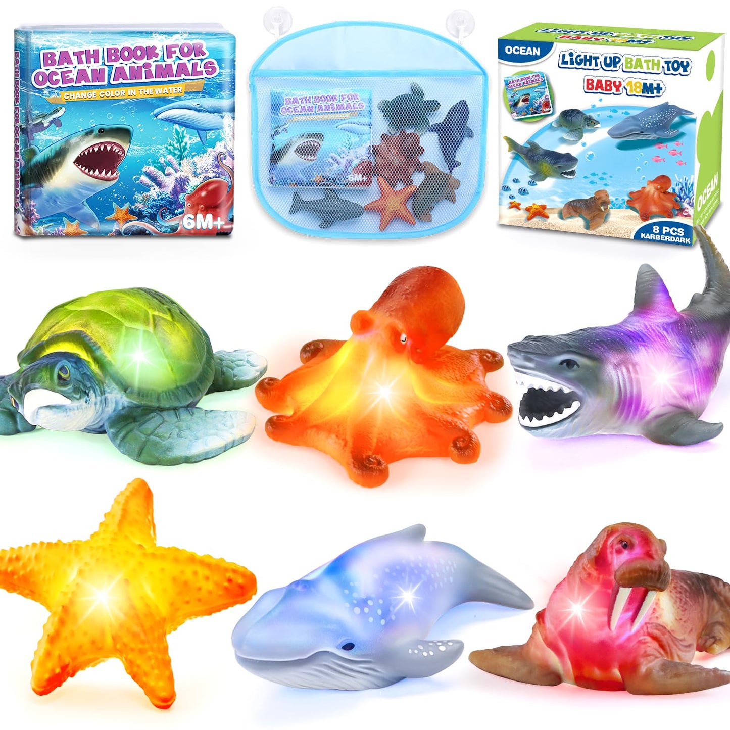 KarberDark 6 Pack Light Up Bath Toys with Magic Bath Book & Storage Bag