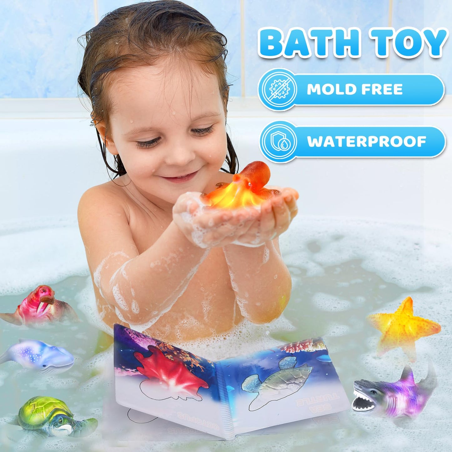 KarberDark 6 Pack Light Up Bath Toys with Magic Bath Book & Storage Bag