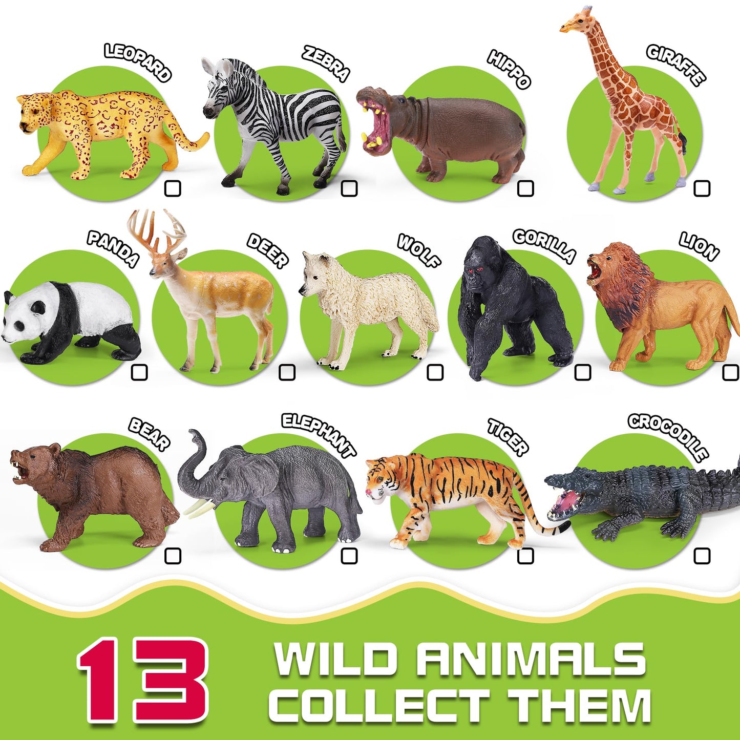 KarberDark 13-Pack Wild Animal Toys with Booklet | Realistic Safari Figures