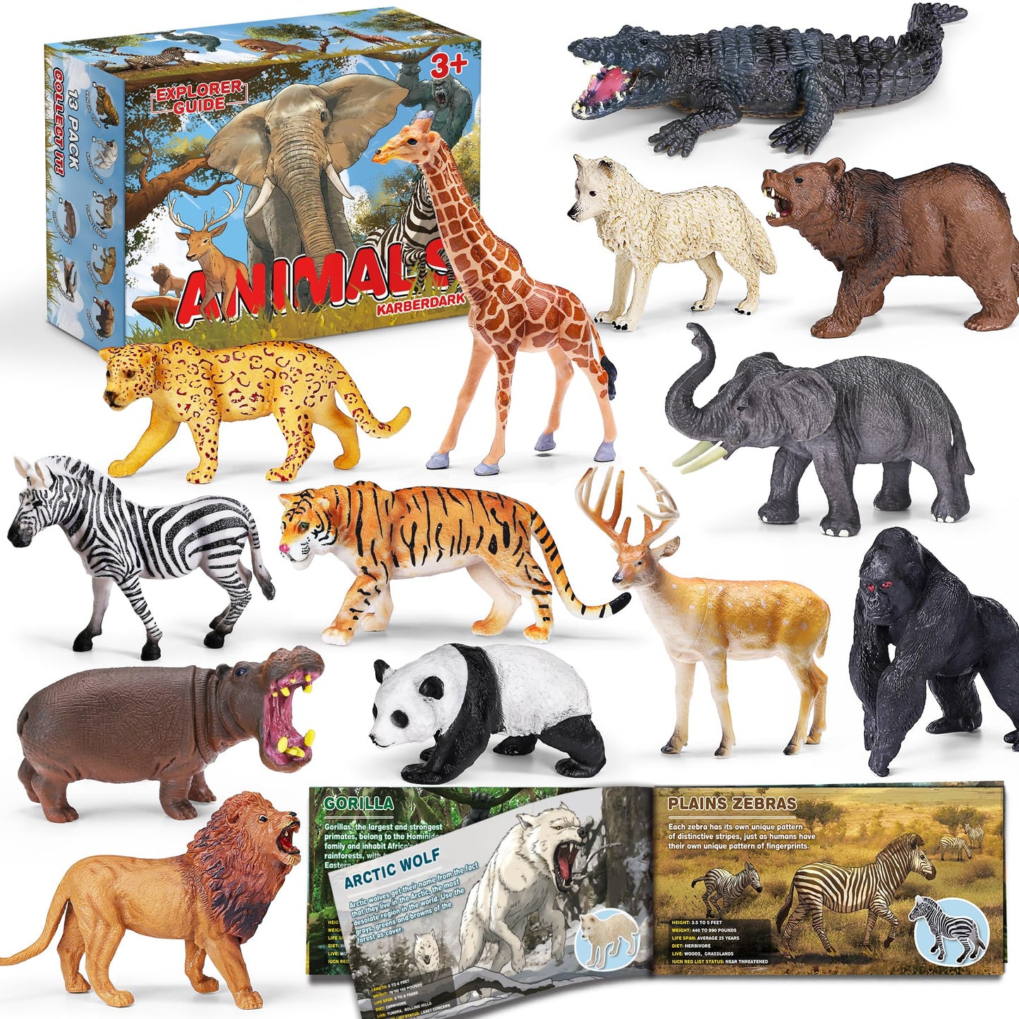 KarberDark 13-Pack Wild Animal Toys with Booklet | Realistic Safari Figures