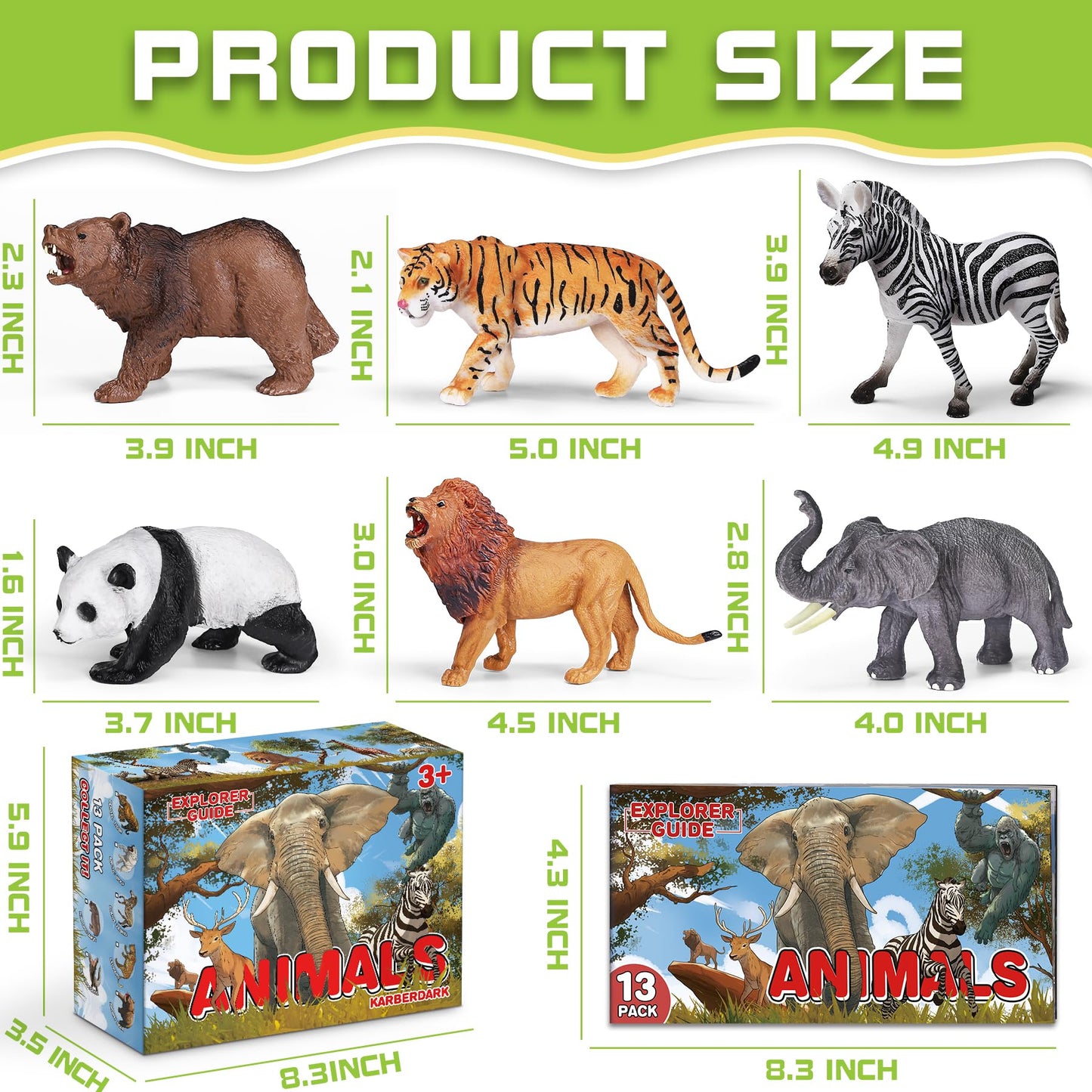 KarberDark 13-Pack Wild Animal Toys with Booklet | Realistic Safari Figures