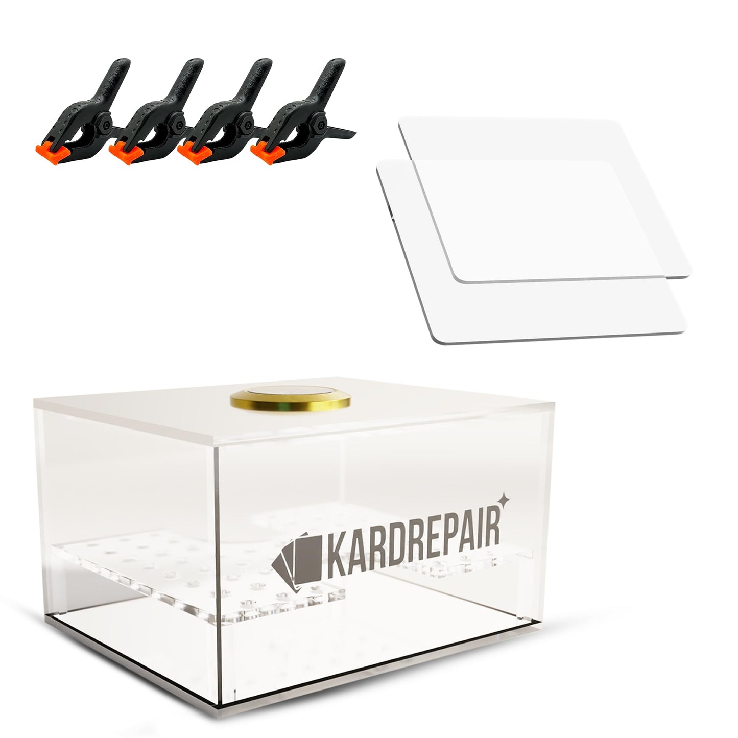 Kardrepair TCG Humidor Repair Kit — 2 Acrylic Flattening Plates, 4 Spring Clamps, Base Sponge