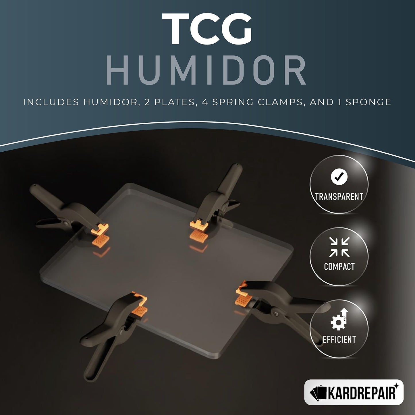 Kardrepair TCG Humidor Repair Kit — 2 Acrylic Flattening Plates, 4 Spring Clamps, Base Sponge