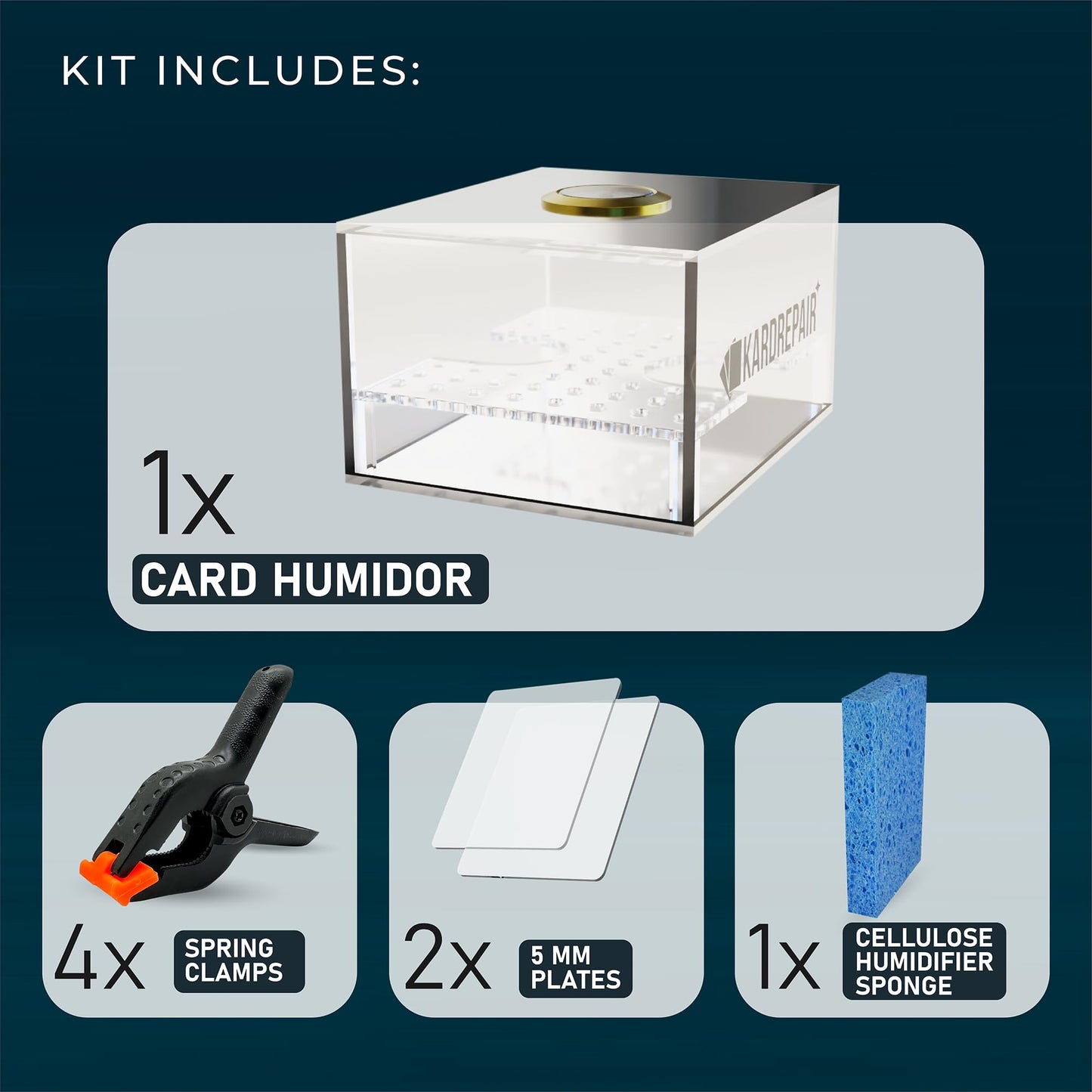 Kardrepair TCG Humidor Repair Kit — 2 Acrylic Flattening Plates, 4 Spring Clamps, Base Sponge