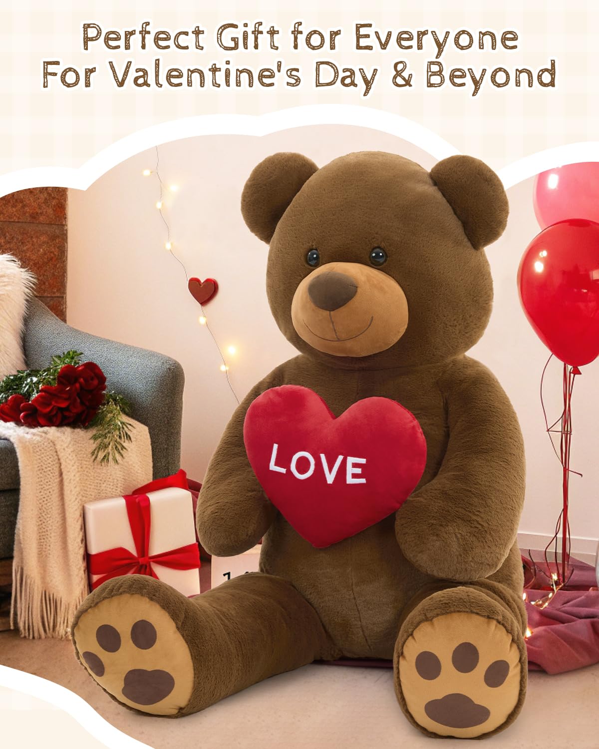 Karister 52-Inch Giant Valentines Teddy Bear – Large Soft Love Bear Plush with Red Heart