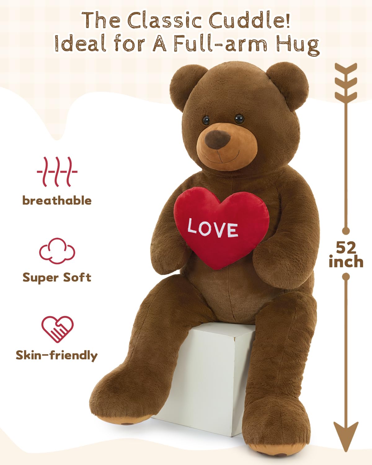 Karister 52-Inch Giant Valentines Teddy Bear – Large Soft Love Bear Plush with Red Heart