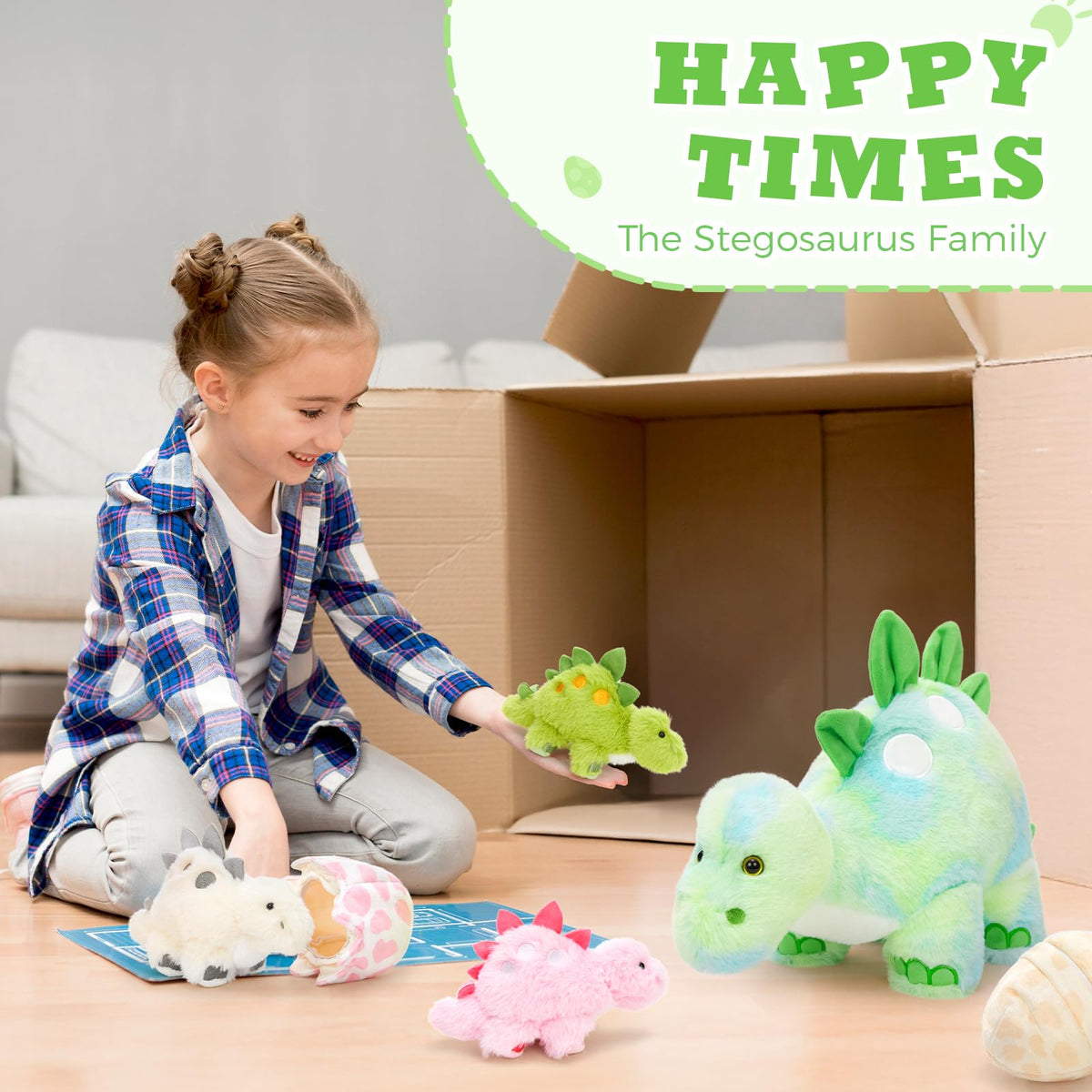 Karister Dinosaur Plush Set – Glow-in-the-Dark Stegosaurus with 3 Babies & Eggs (18.5 in)