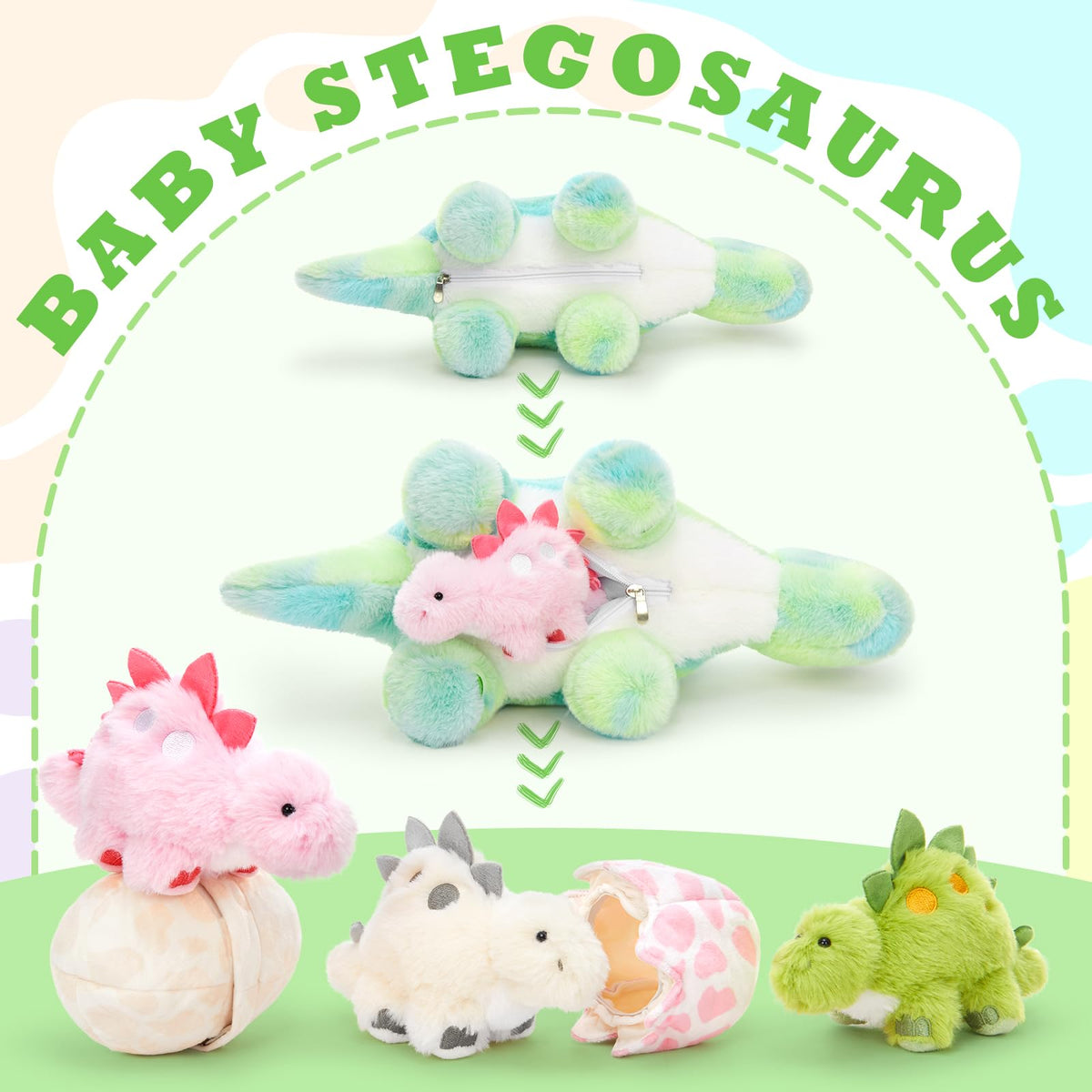 Karister Dinosaur Plush Set – Glow-in-the-Dark Stegosaurus with 3 Babies & Eggs (18.5 in)