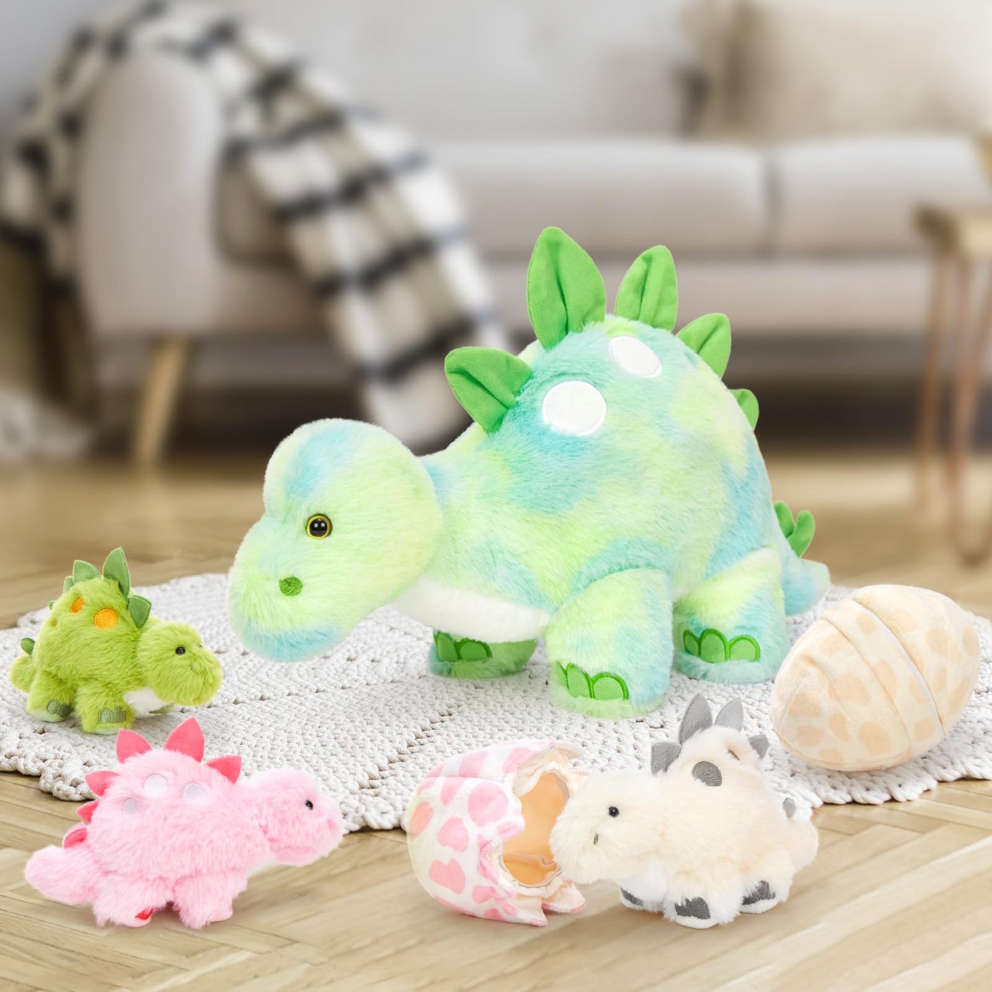 Karister Dinosaur Plush Set – Glow-in-the-Dark Stegosaurus with 3 Babies & Eggs (18.5 in)