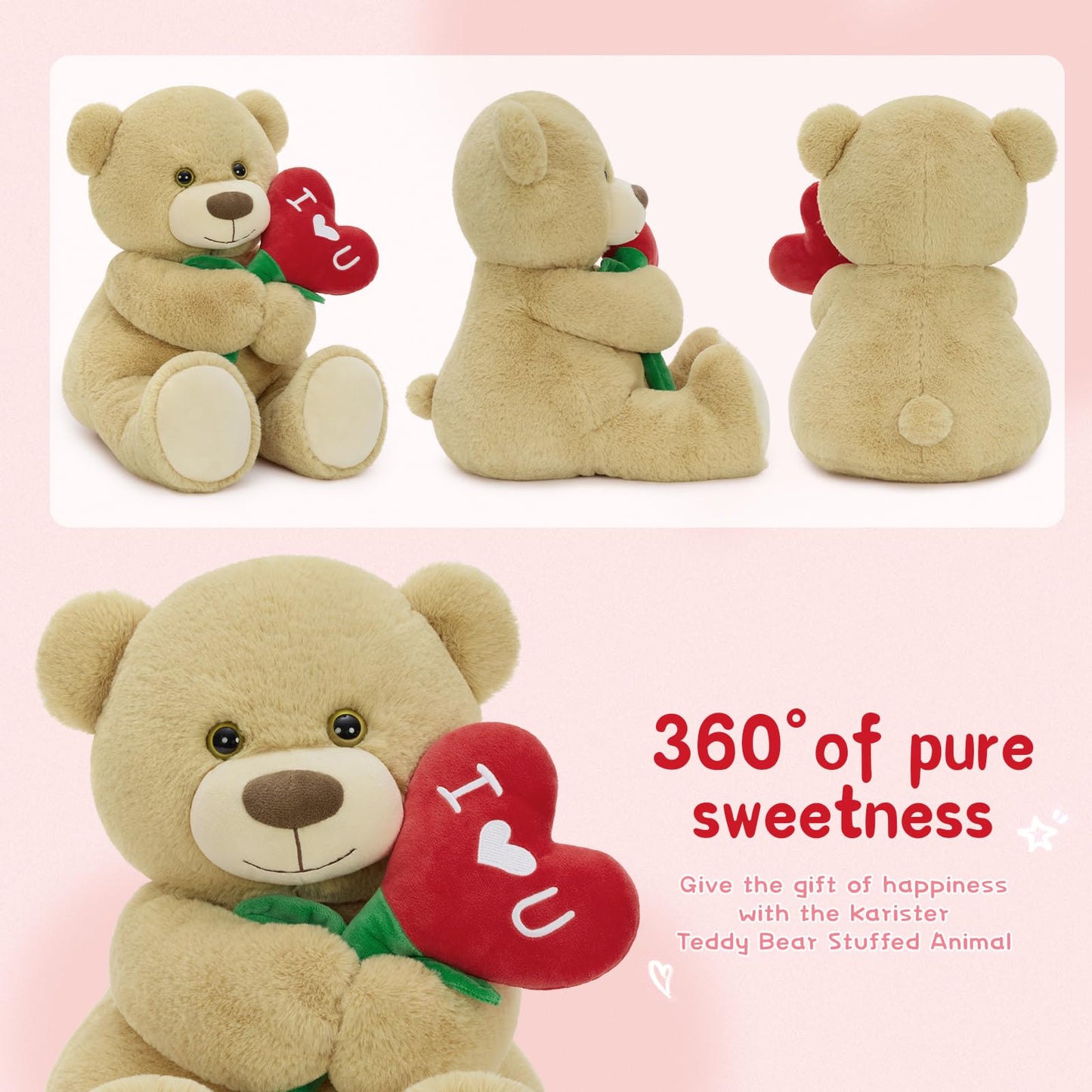Karister Teddy Bear 15-Inch Plush with Heart Flower and I Love U Embroidery