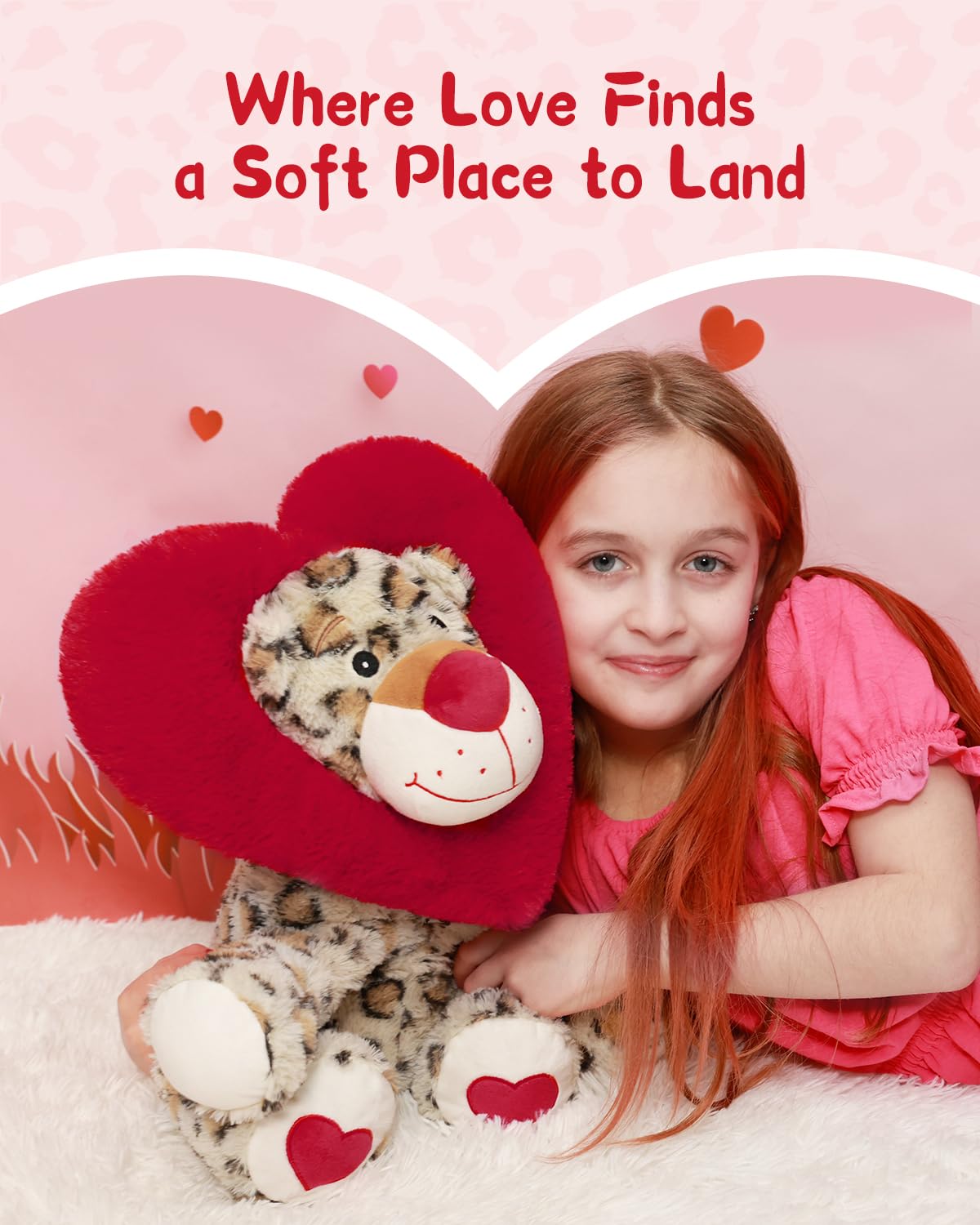 Karister Valentines Leopard Plush Toy - 17-Inch Snow Leopard with Heart Hood