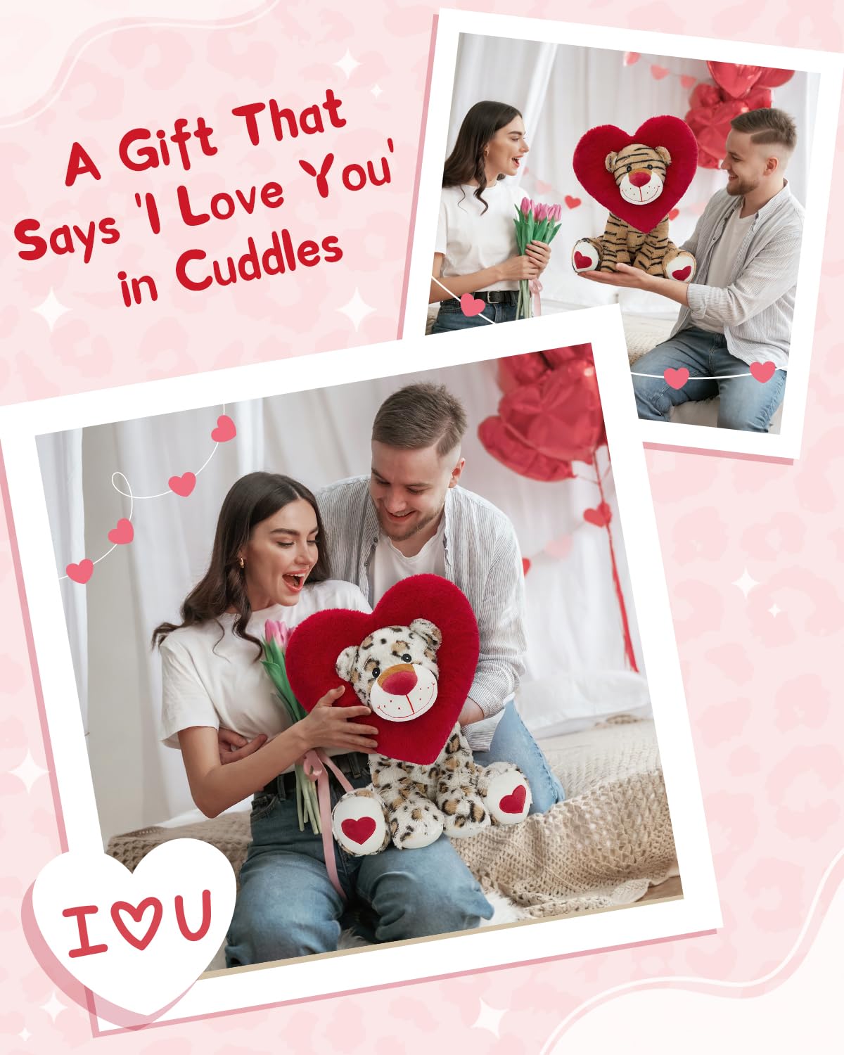 Karister Valentines Leopard Plush Toy - 17-Inch Snow Leopard with Heart Hood