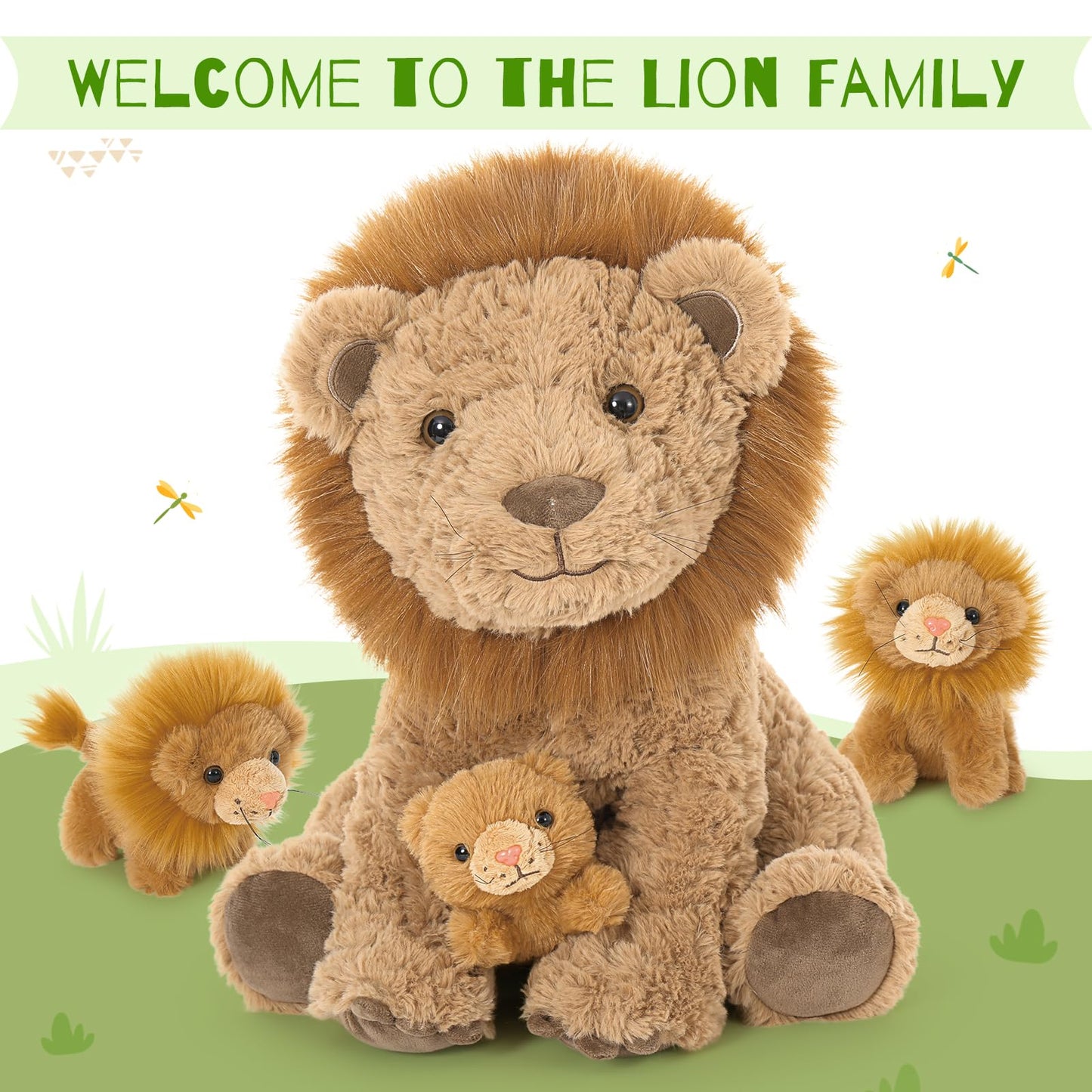 Karister Lion Plush Toy - 17.7-inch Mother Lion with 3 Baby Cubs | Safari Plushies Gift