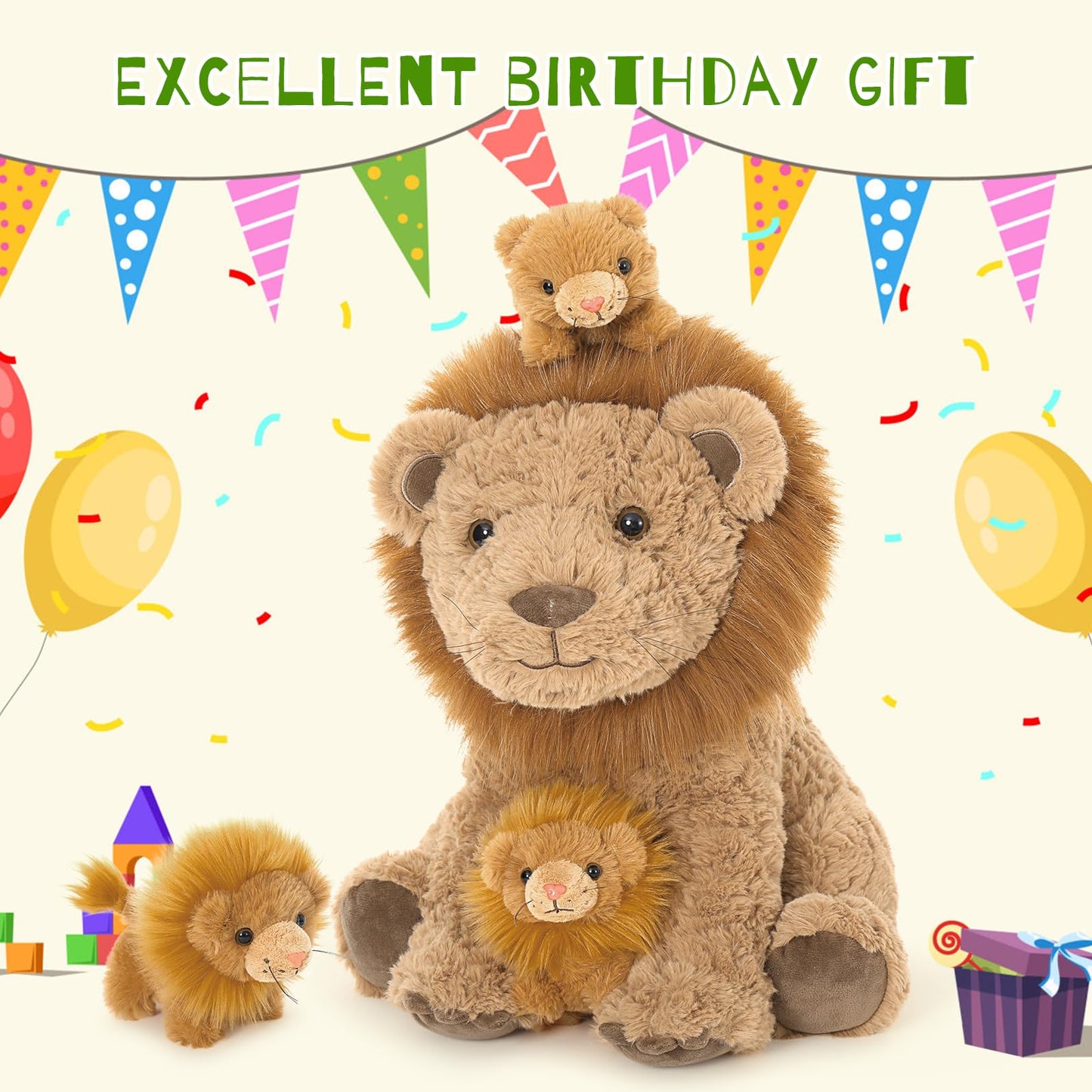 Karister Lion Plush Toy - 17.7-inch Mother Lion with 3 Baby Cubs | Safari Plushies Gift