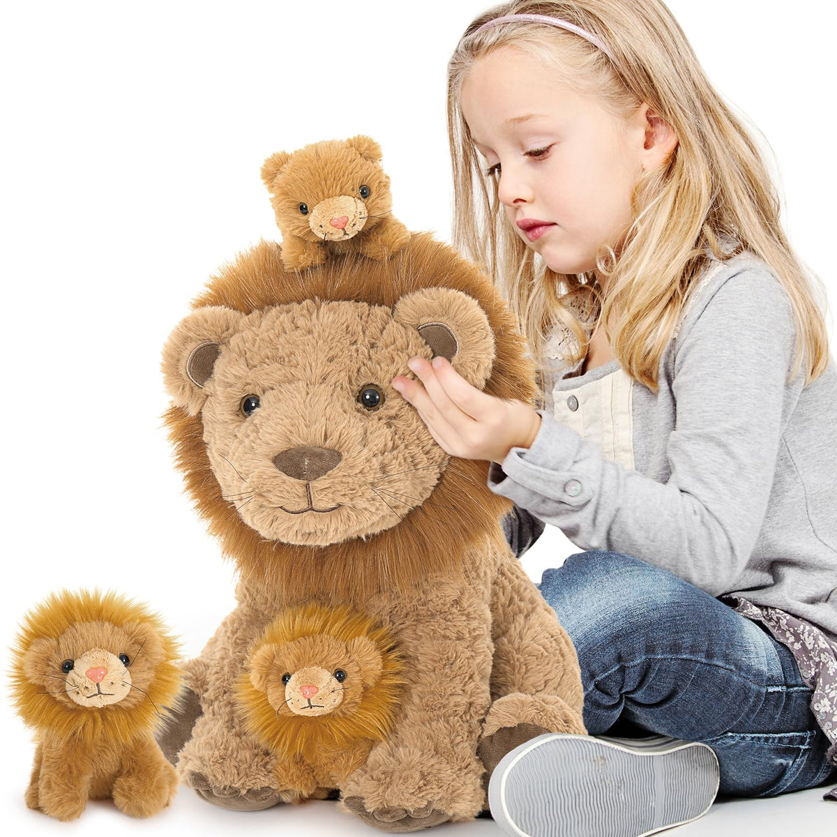 Karister Lion Plush Toy - 17.7-inch Mother Lion with 3 Baby Cubs | Safari Plushies Gift