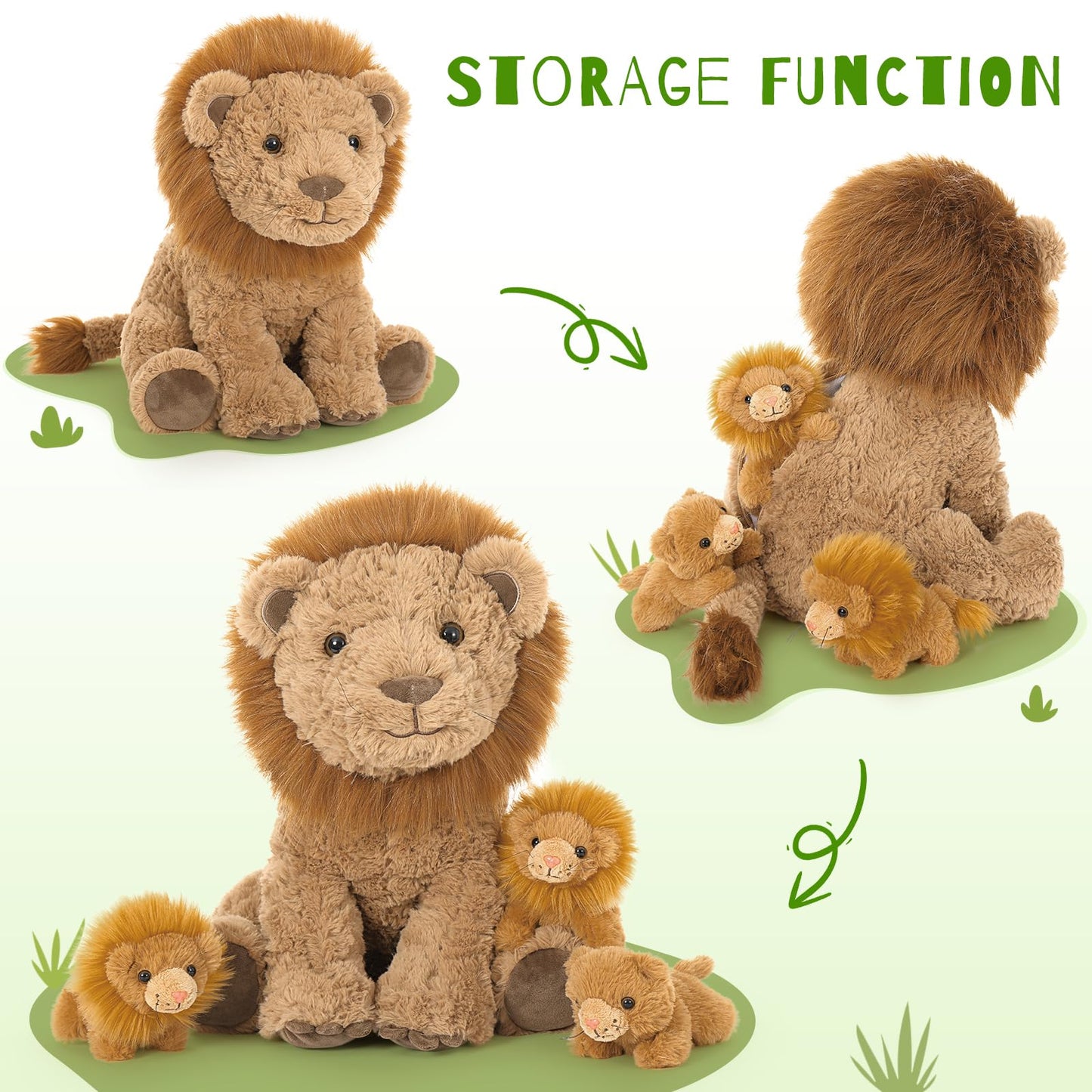 Karister Lion Plush Toy - 17.7-inch Mother Lion with 3 Baby Cubs | Safari Plushies Gift