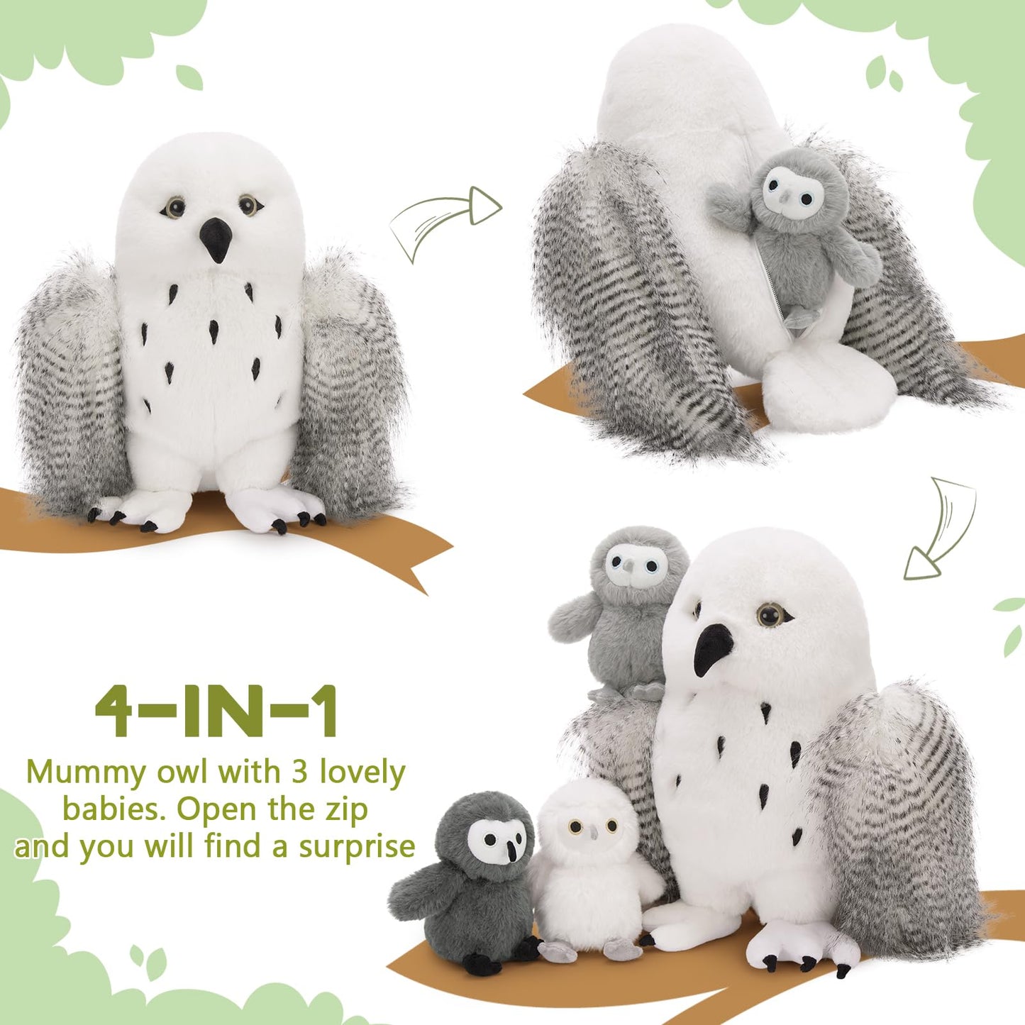 Karister 4Pcs Owl Plush Set - 18-inch Giant Mother Owl + 3 Baby Owls - Soft Plush Toy Gift