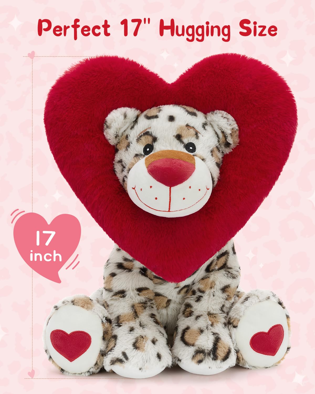 Karister Valentines Leopard Plush Toy - 17-Inch Snow Leopard with Heart Hood