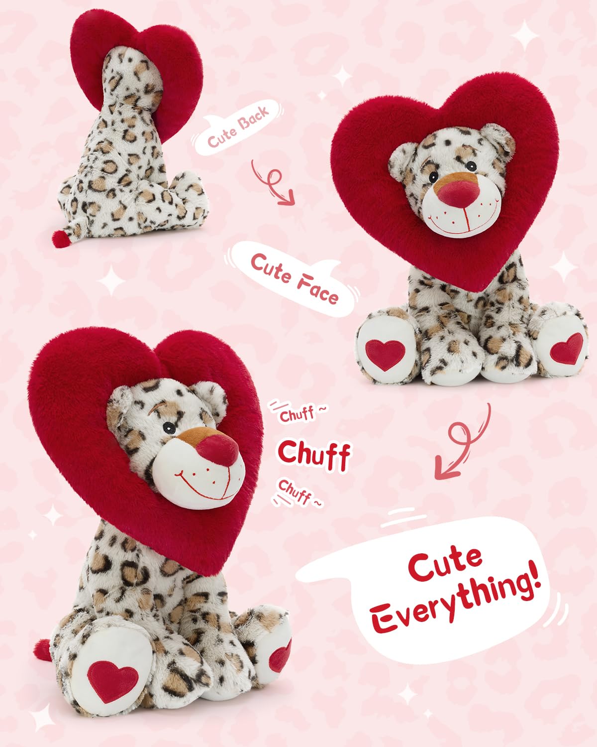 Karister Valentines Leopard Plush Toy - 17-Inch Snow Leopard with Heart Hood