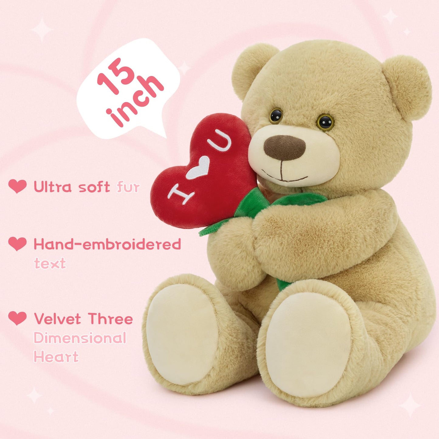 Karister Teddy Bear 15-Inch Plush with Heart Flower and I Love U Embroidery
