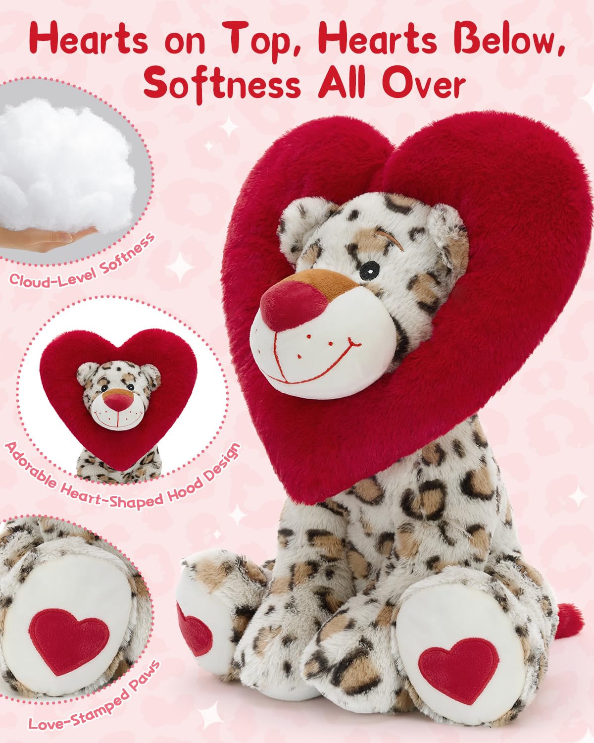 Karister Valentines Leopard Plush Toy - 17-Inch Snow Leopard with Heart Hood