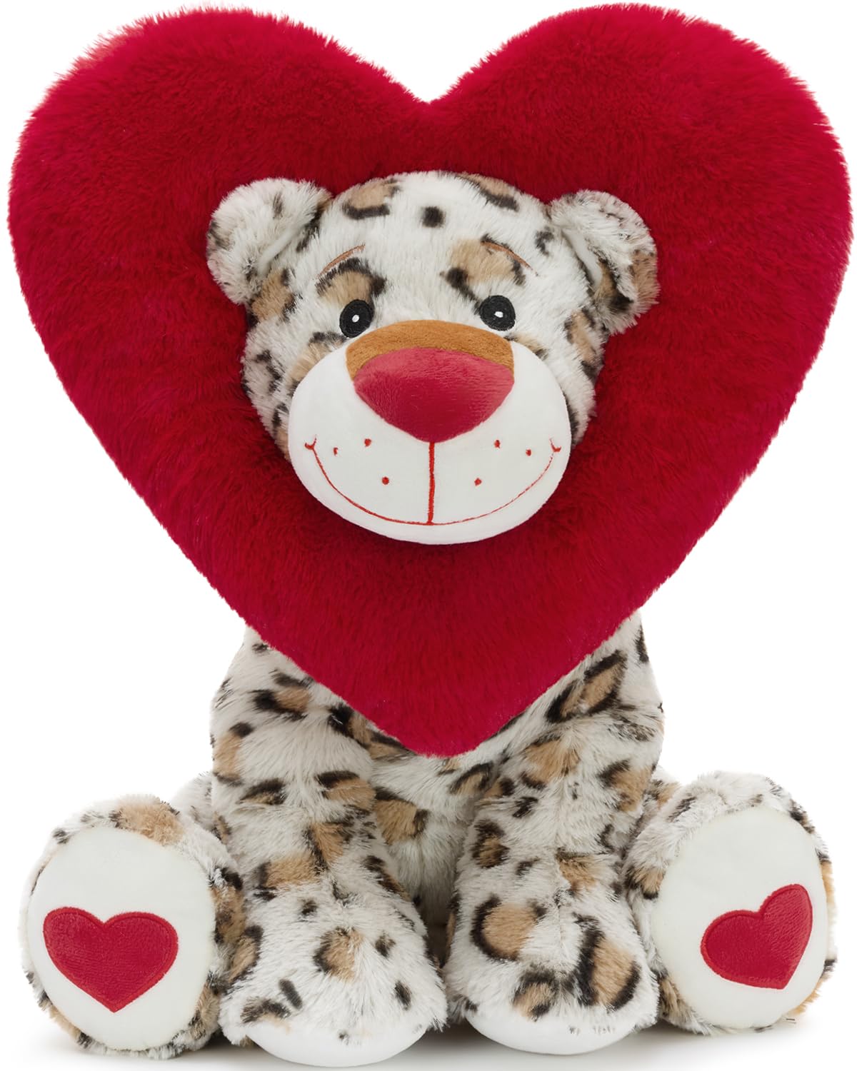 Karister Valentines Leopard Plush Toy - 17-Inch Snow Leopard with Heart Hood